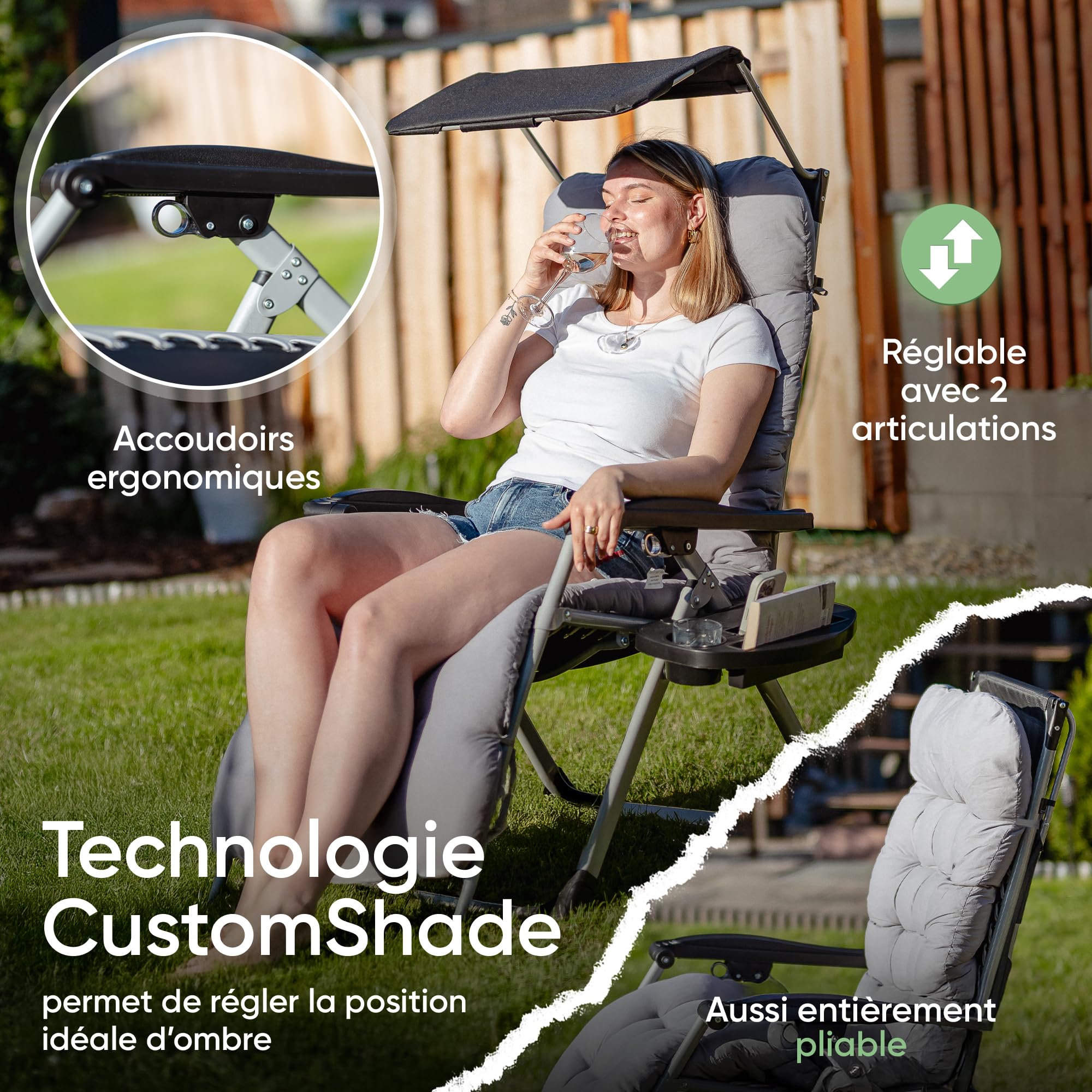 NatureLiving® Transat Pliable – Robuste, Rabattable et Résistant aux Intempéries – Bain de Soleil avec Toit pour Jardin et Balcon, Chaise Longue Outdoor Relax, Supporte 200 kg