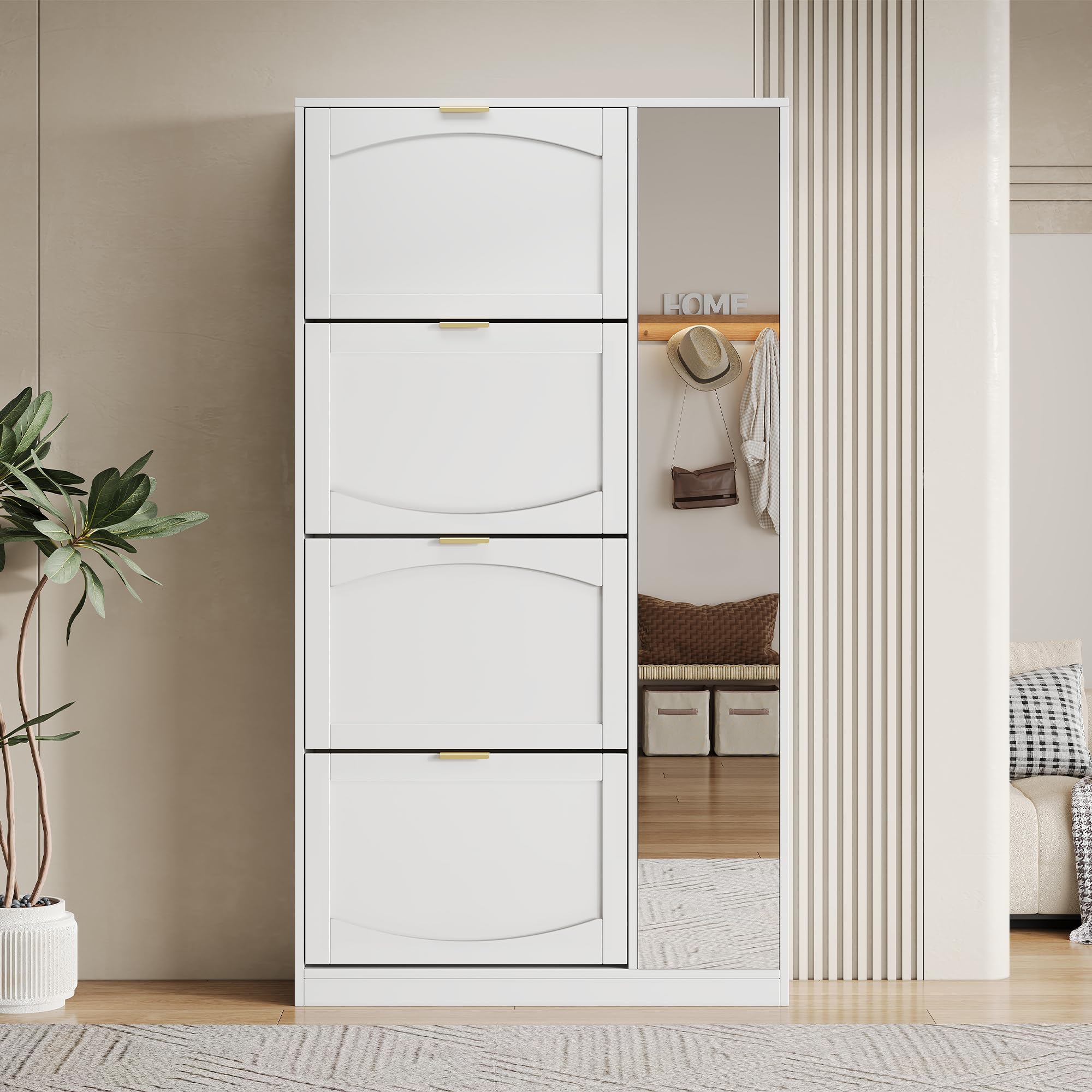 Organizedlife Groot Schoenenkabinet met Spiegel over de Volledige Lengte, 5 Tiers Smal Schoenopbergkabinet met Flip Lade, Verborgen Schoenrek Organisator voor Ingang