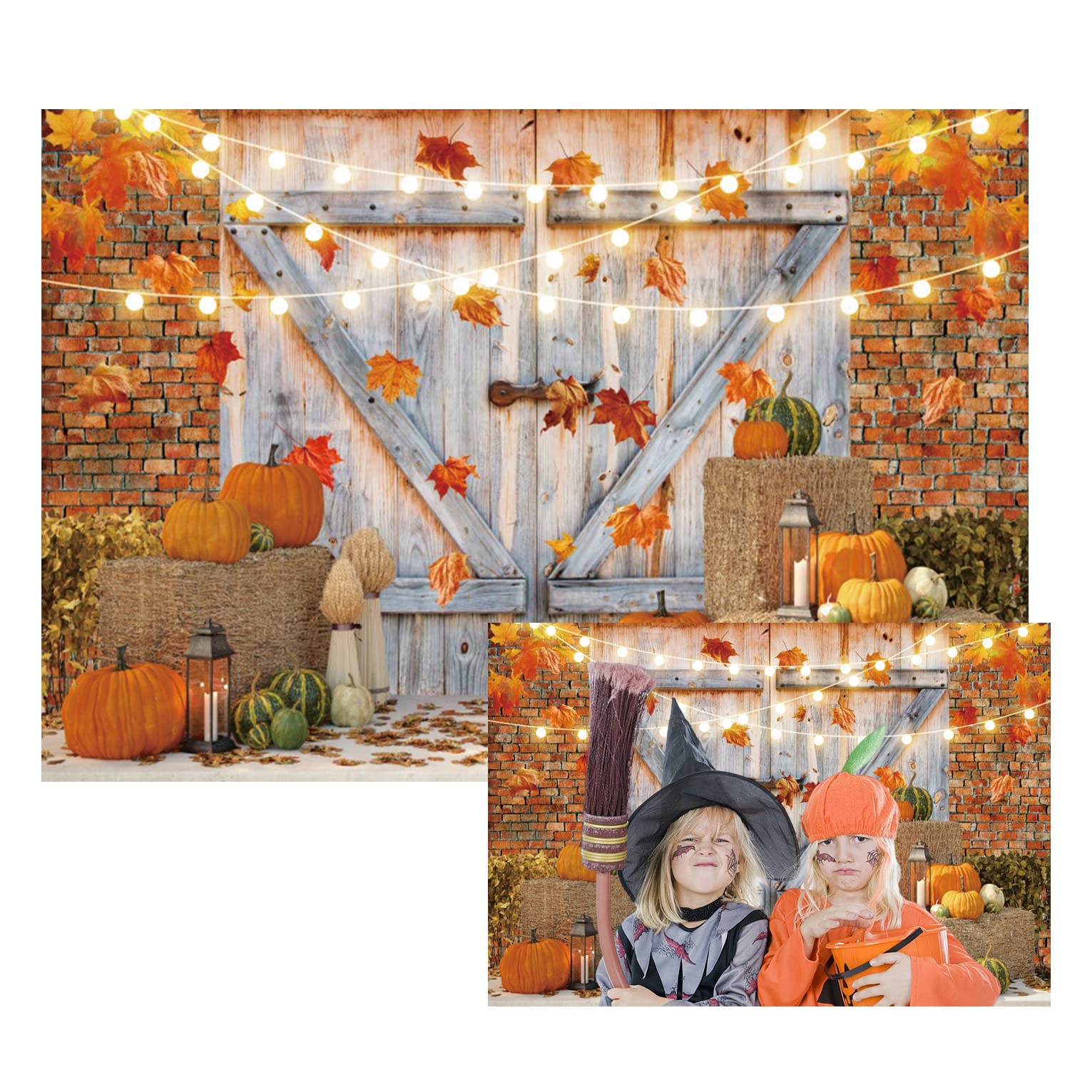 Toile De Fond Photo Automne 2,1x1,5 M - Motif Récolte, Citrouilles, Grange, Feuilles D'érable - Décoration Fête