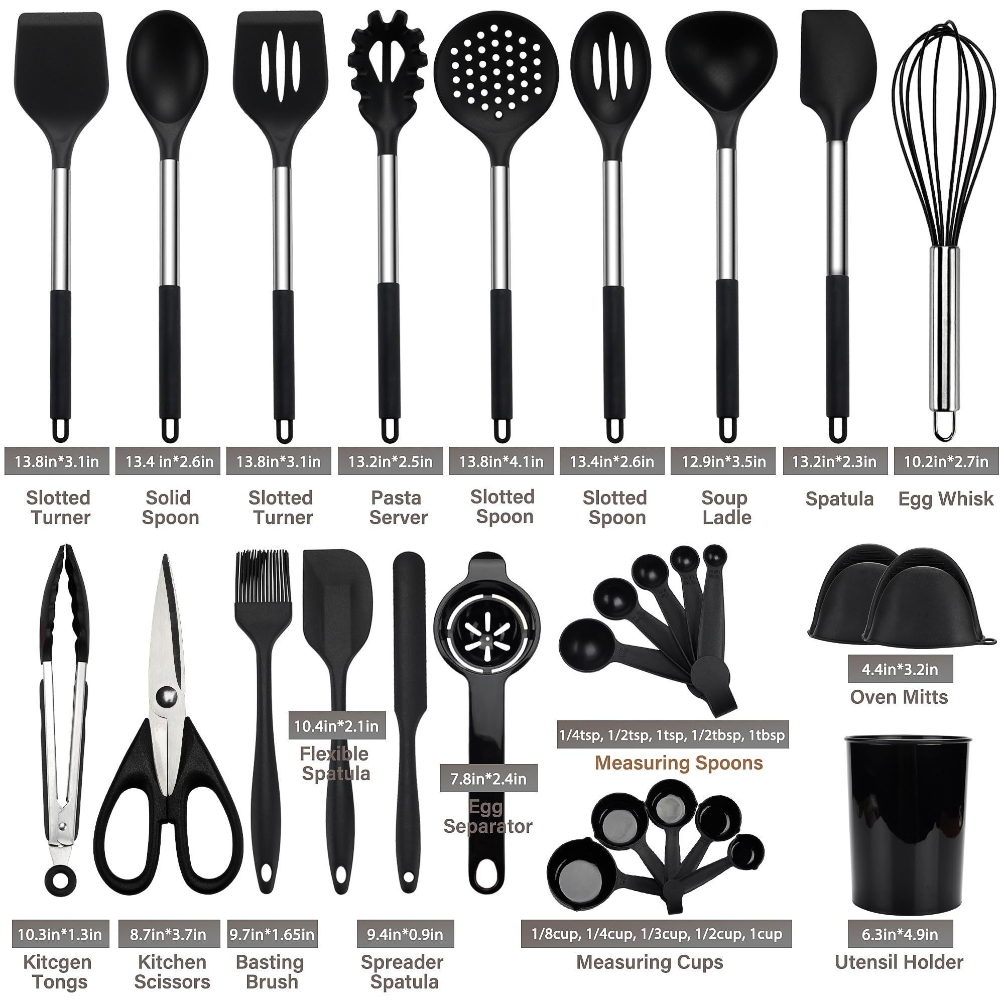 QMVESS Silikon-Küchenhelfer-Set, 28-teilig, antihaftbeschichtet, mit Halter, Zange, Spatel, Schneebesen, Messbecher und Löffel, Set mit Edelstahlgriff, Küchenhelfer (schwarz)