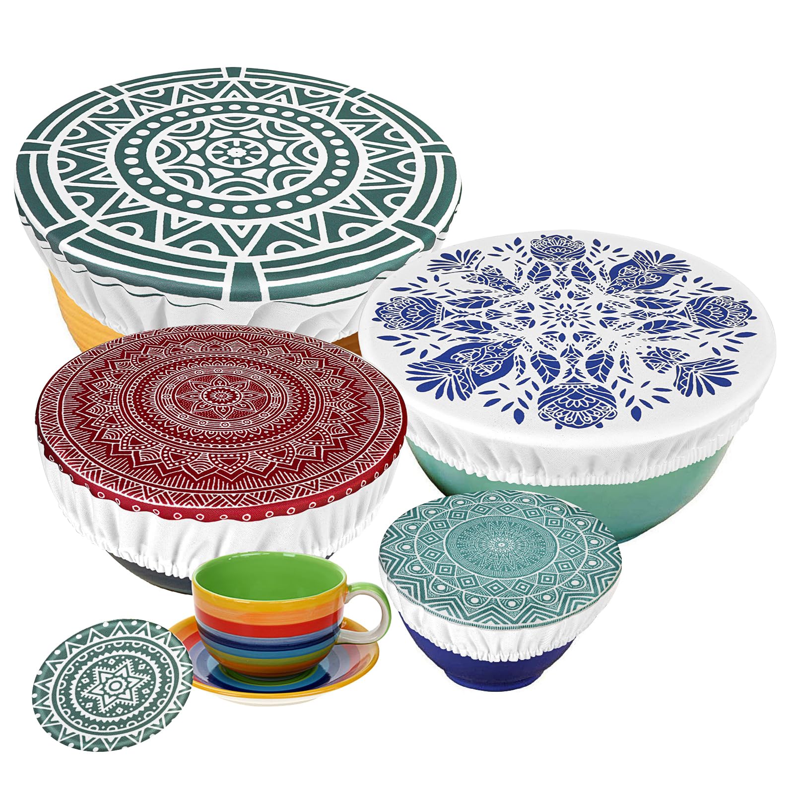 PHOGARY Set of 5 Reusable Food Cover, Elastic Fabric Covers Multi Purpose Food Storage Dish Covers Can Lids, Fruit Vegetable Meat Preservation Fresh Keeping Cover Elasticated, Mandala B
