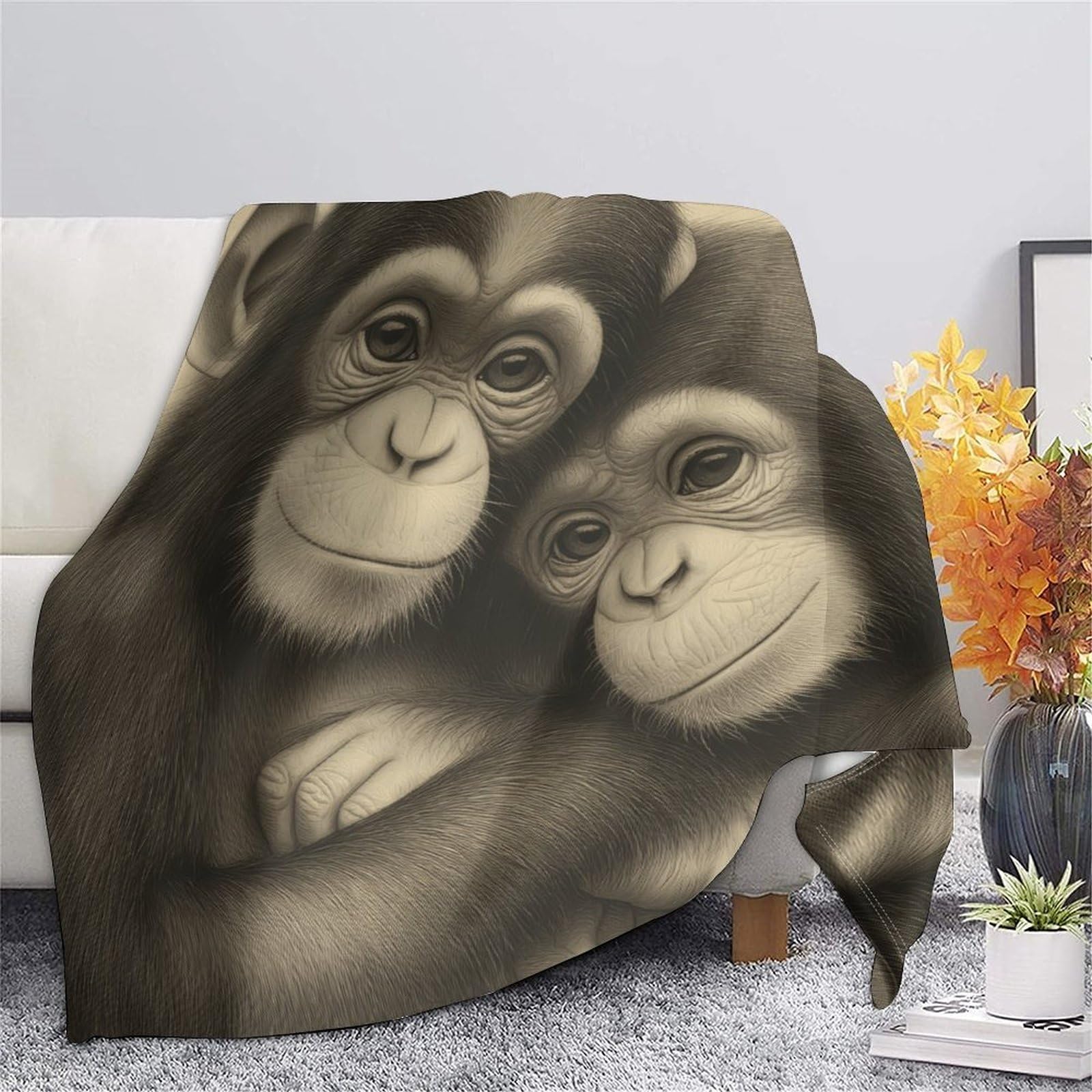 stampa 3D scimpanzé babies plaid in pile microfibra biancheria da letto morbido coperta in pile anti-pilling per giovani amanti delle serie tv Carino animal 80×90inch(200x230cm)