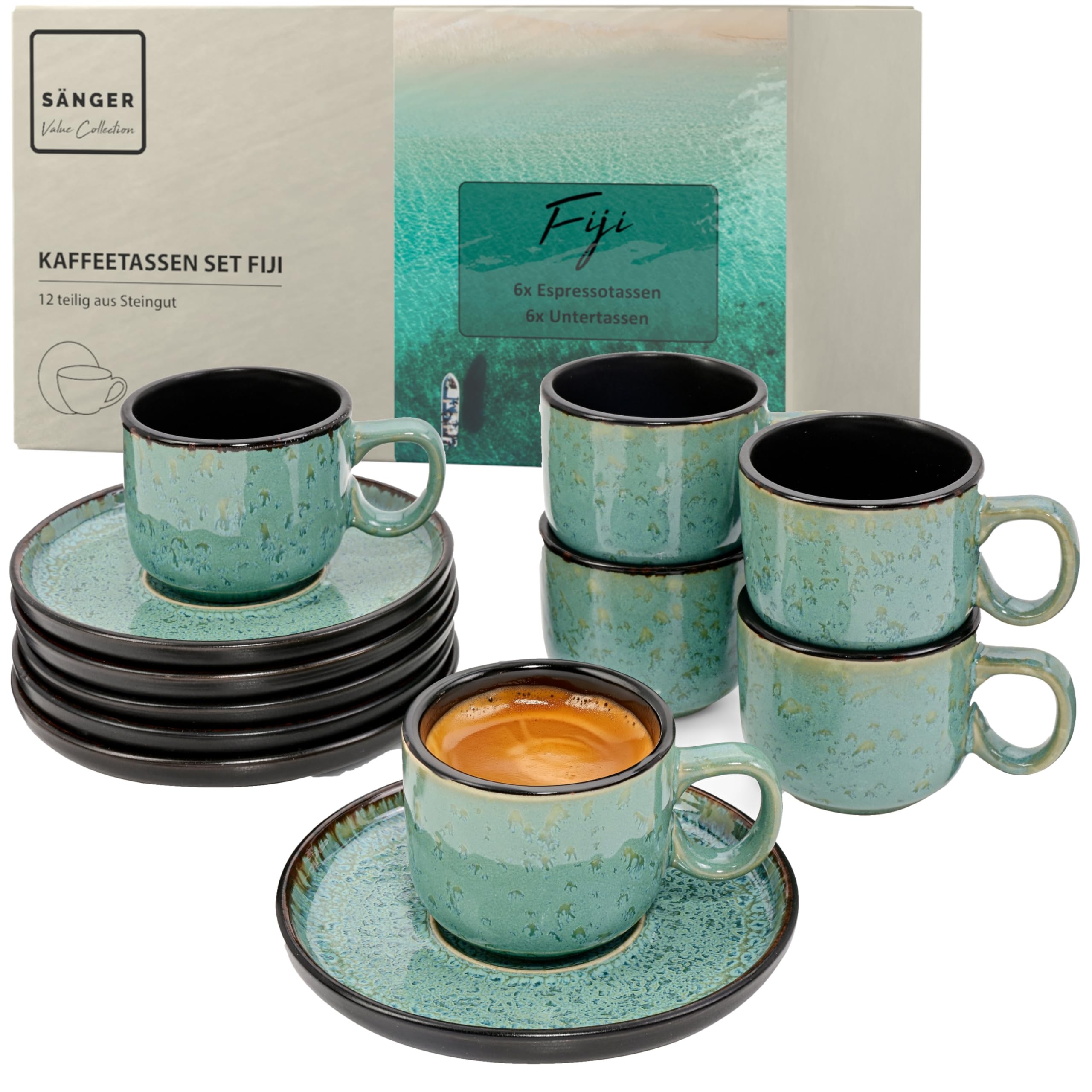 SÄNGER Fiji | Espressotassen Set Steingut 12 teilig, Espresso-Set für 6 Personen mit Untertassen, spülmaschinen- und mikrowellenfest, dunkelgrün, 80 ml | VALUE COLLECTION
