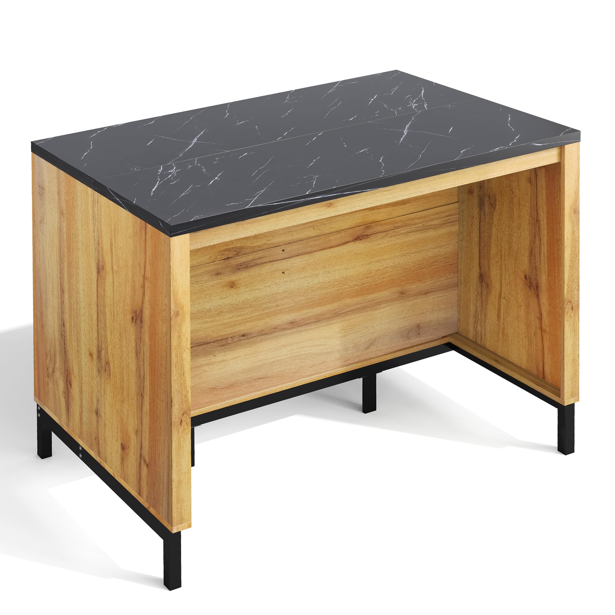 Isla de cocina de estilo rústico – Isla de cocina con 2 cajones y 4 estantes abiertos, grano de roble, encimera de mármol negro, estructura de metal, (120 × 75 × 90 cm)