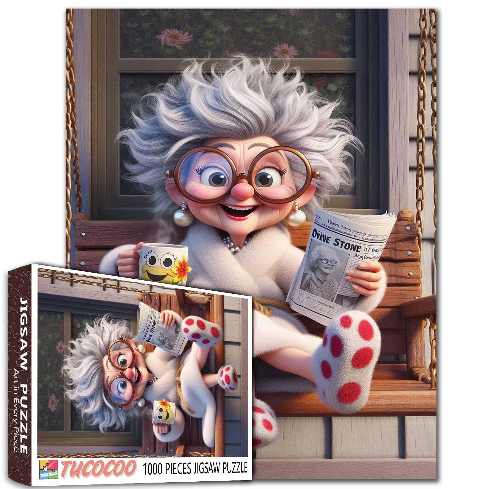 Funny Grandma 1000 Piece Puzzle for Adults Cute Old Woman Newspaper Relaxing Puzzles Cozy Morning on Porch with Coffee Cartoon Art Jigsaw Gift for Women Seniors Family Challenging Puzzle Home Decor