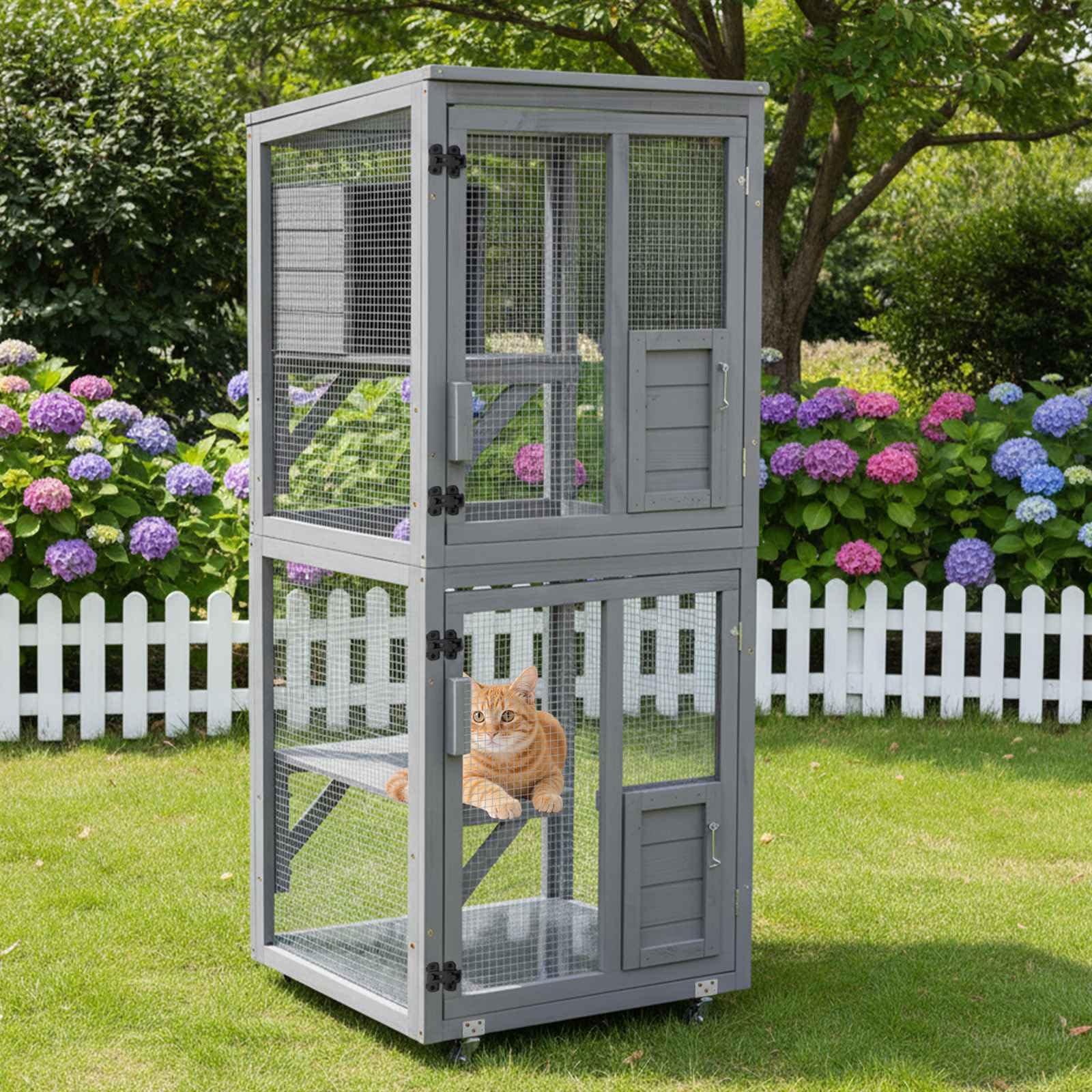 PawHaven Outdoor Catio Wooden Enclosure with Jumping Platforms, Large Cat House Outdoor, Window Playpen for Outside, With Resting Room, Condo