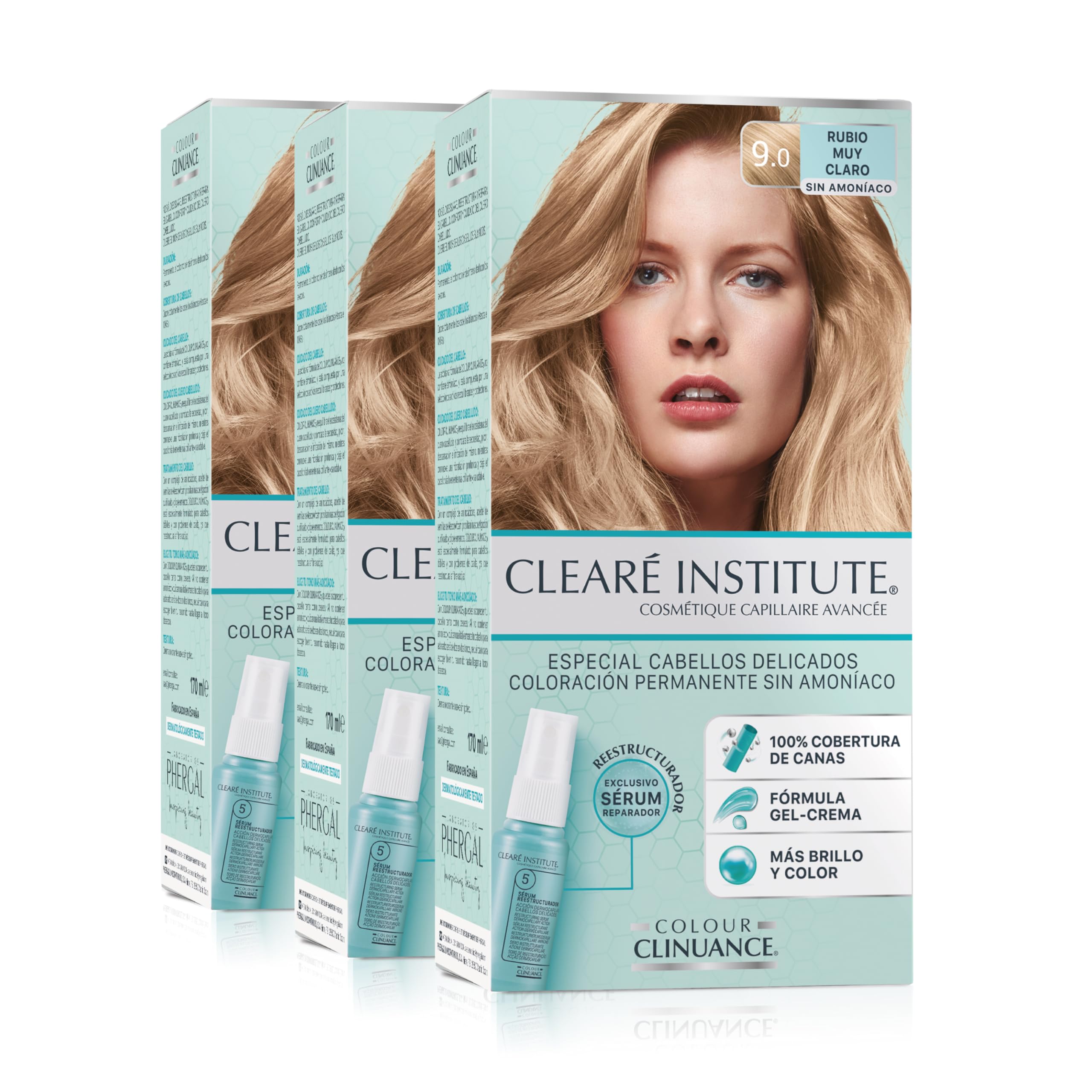 Clearé Institute | Colour Clinuance | Coloración Capilar Permanente Sin Amoniaco | Tinte de Pelo 100% Cobertura de Canas, Incluye Sérum Capilar | Método Curly |9.0 Rubio Muy Claro | Pack de 3