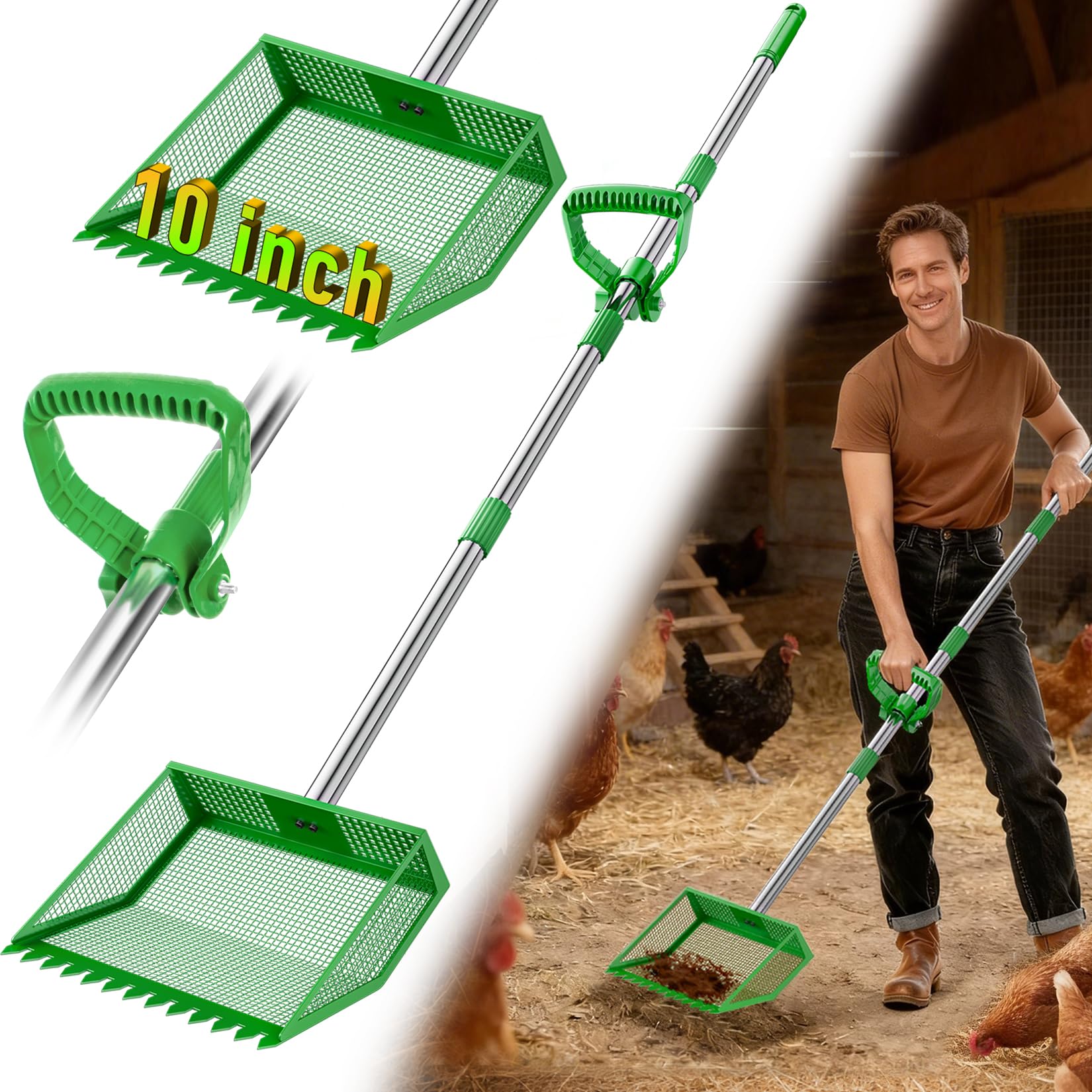 Photo 1 of TOOGE Large Chicken Poop Scooper: 2-in-1 Metal Pooper Scooper & Rake Adjustable 62" Long Handle Stainless Steel Sand Sifting Litter Shovel Chicken Coop Scoop Cleaning Tool for Goat Farm Yard Green