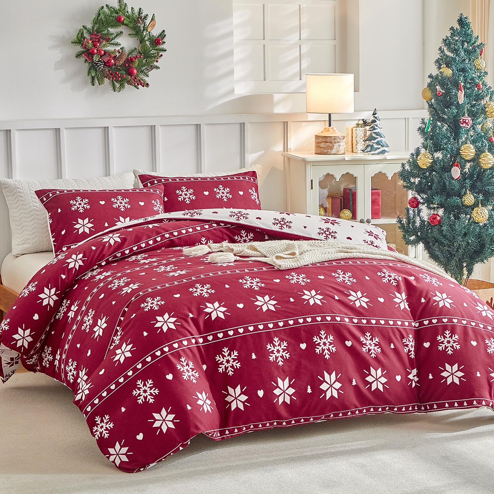 Tokokimo Christmas Double Duvet Cover Set Red Bedding - Snowflake Print Christmas Double Duvet Set (1x Quilt Cover, 2x Pillowcases) Soft Microfibre Winter Bedding 200x200 cm, Red Snowflake — image 1