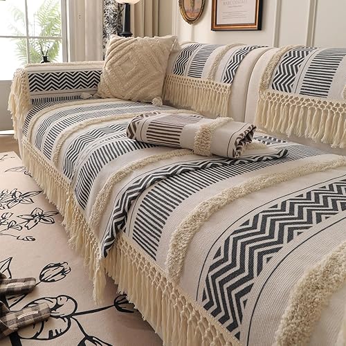 Miniatura 8 de VClife Funda de sofá bohemia de lino y algodón con borla, funda para sofá de 3 plazas, funda antideslizante para sofá para sala de estar, 35.4 x