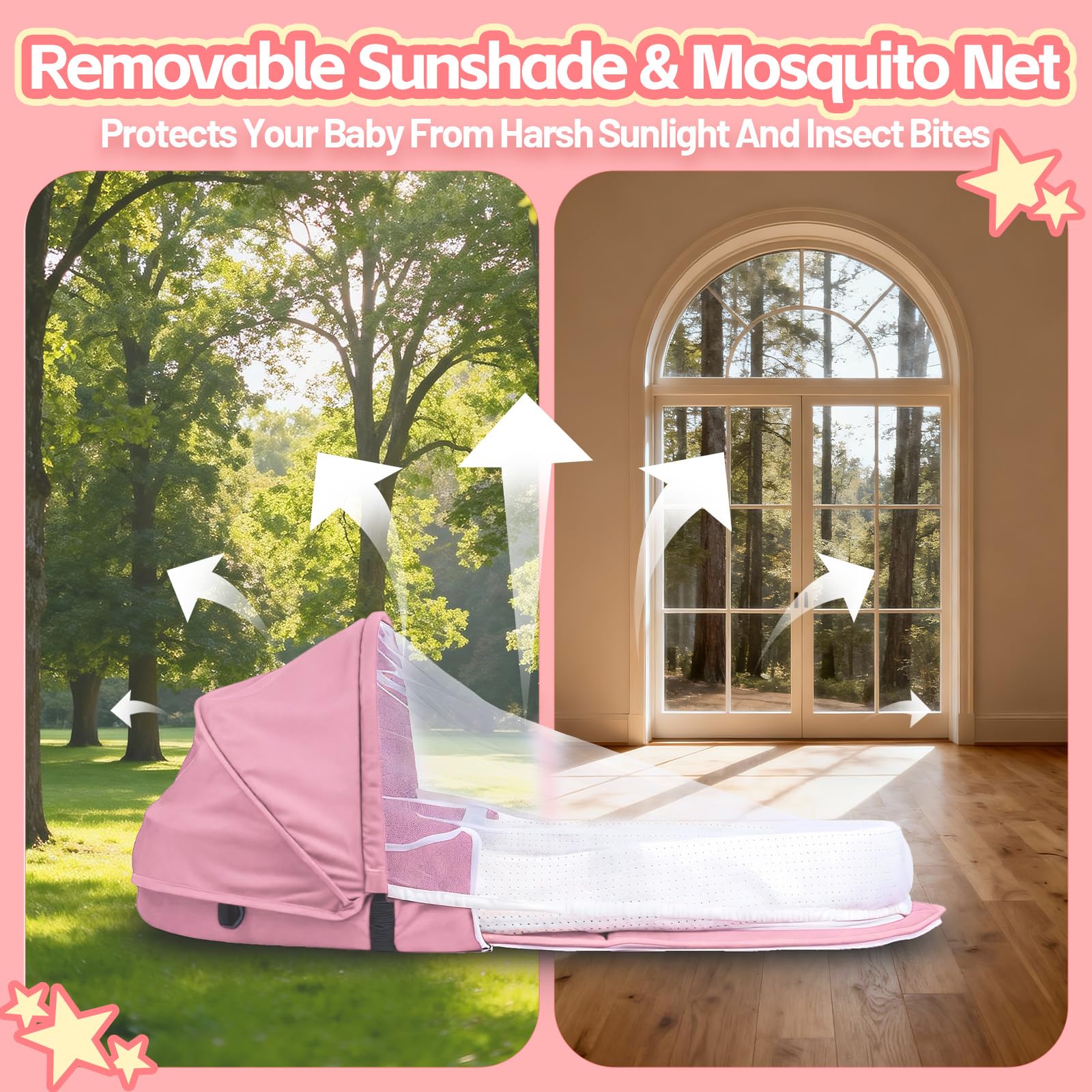 Baby Nest,Baby Bettchen Nest, atmungsaktiver Babylounger,Portable Baby Reisebett mit Moskitohaube – Inklusive Matratze & Tragetasche – Leicht & Kompakt (Rosa)