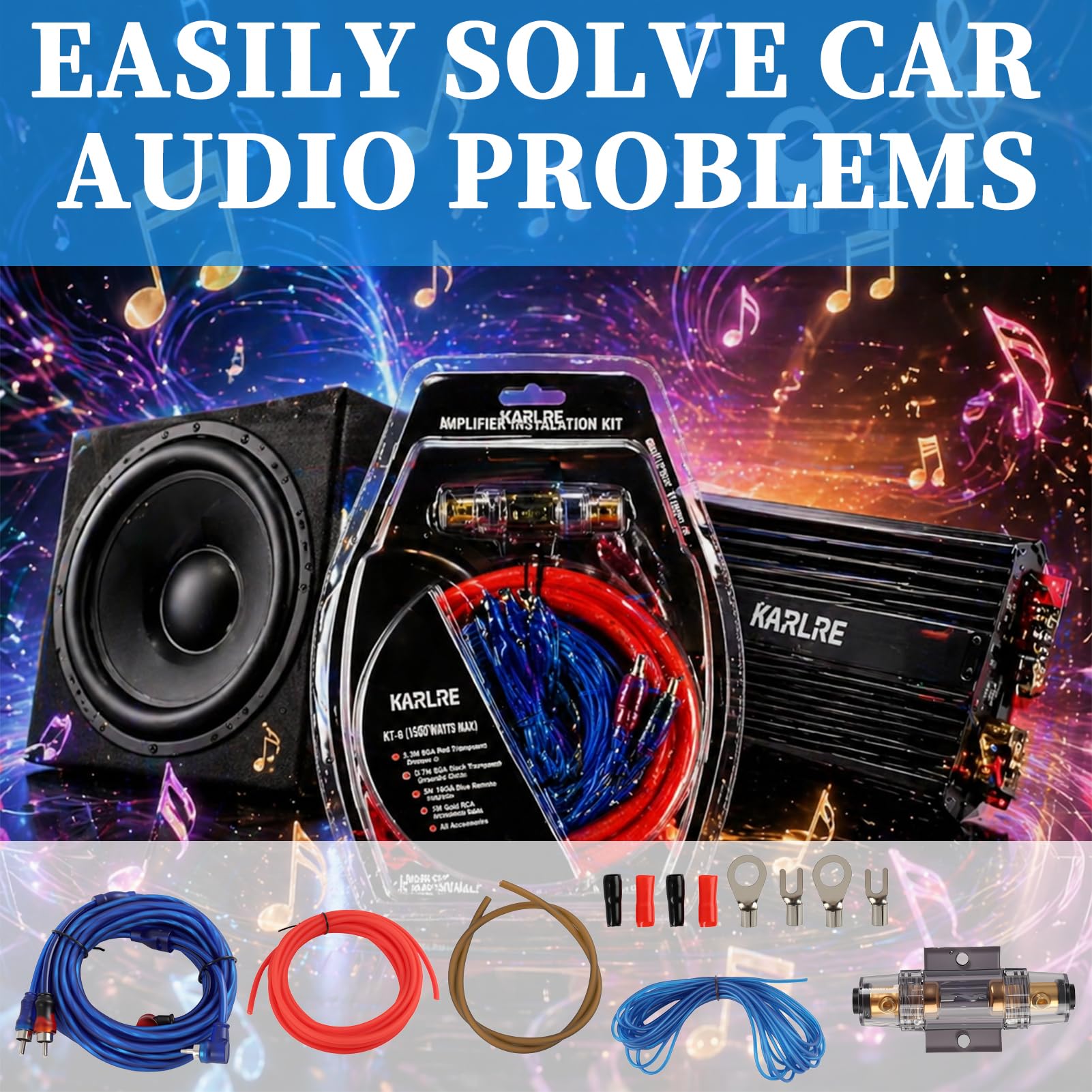 Kit Completo de Cables para Amplificadores de Coche 10GA, Incluye Portafusibles y Cableado de Audio de Alta para Subwoofer, Instalación Segura y Eficiente con Núcleo de Aluminio y Cobre
