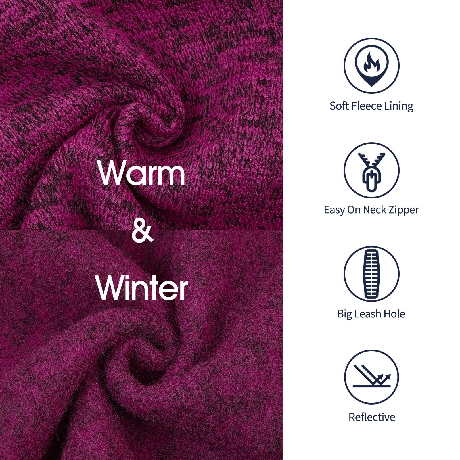 IECOii Dog Jacket for Large Dogs,XXXL Dog Sweater with Harness Hole,Reflective Dog Vest Large Dog Clothes Knit Dog Fleece Sweater for Extra Large Dogs,Golden Retriever,Labrador Coats,(Rosered,XXXL)