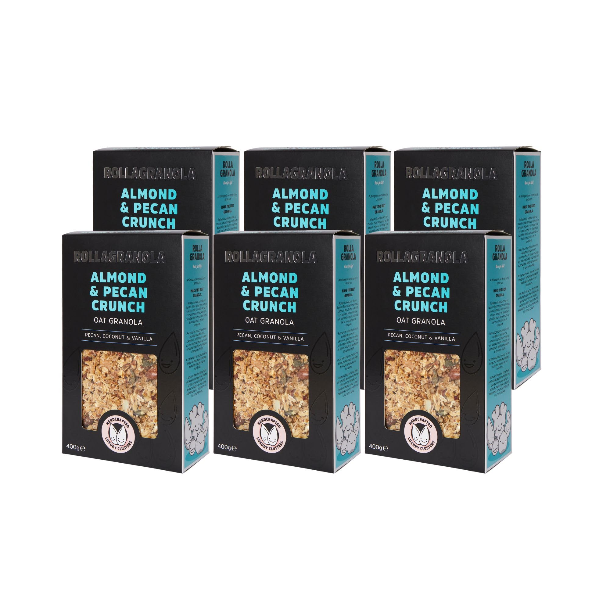Rollagranola - Almond & Pecan Crunch Oat Granola - 6 x 400g Pack. 100% Natural, Made With Gluten Free Oats. Suitable For A Vegan Diet And Low In Sugar. Handcrafted In The UK - 400g Pack of 6