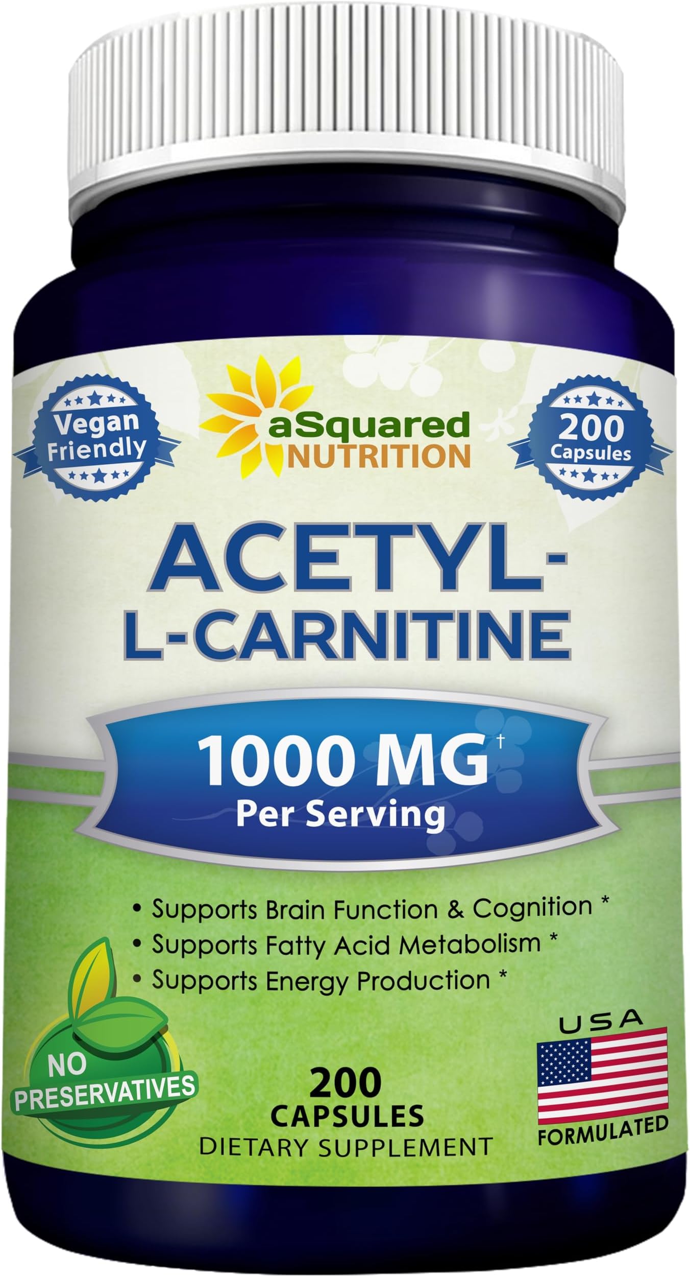 aSquared Nutrition Acetyl L-Carnitine 1000mg Per Serving Max Strength - 200 Veggie Capsules - High Dosage Acetyl L Carnitine HCL (ALCAR) Supplement Pills to Support Pure Energy, Brain Function