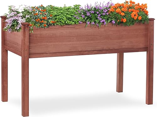 Miniatura 10 de Cama de jardín elevada con patas, 31 x 16 x 31 pulgadas, jardinera elevada de madera para exteriores, cedro gris, patas gruesas, con forro