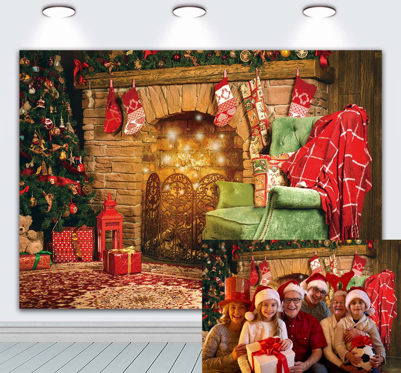INRUI Christmas Fireplace Background Christmas Theme Red Blanket Gifts Tree Warm House Photo Backdrop (7x5FT)