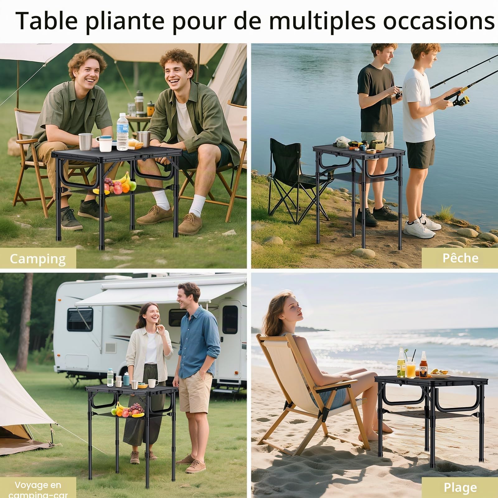 Anbte Table de Camping Pliante avec Filet de Rangement, Table de Pique-Nique Portable en Alliage d'Aluminium Réglable en Hauteur, Petite Table Légère (3 hauteurs) pour Intérieur/Extérieur, Cuisine
