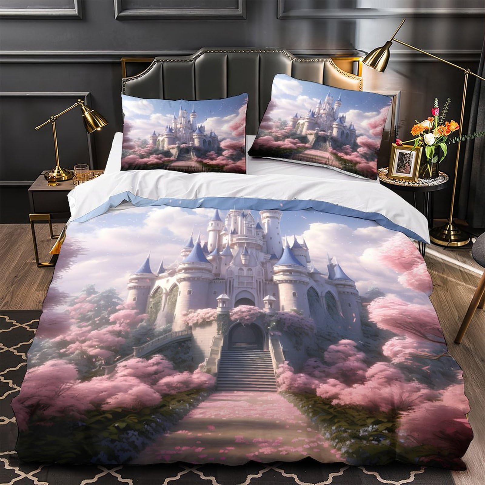 Fantasia del castello Impressione 3D 3 pz fodera per edredone Architettura reale fantasy coperteletto microfibra ipoallergenica zip per bambini ragazzi adulti King（220x240cm）