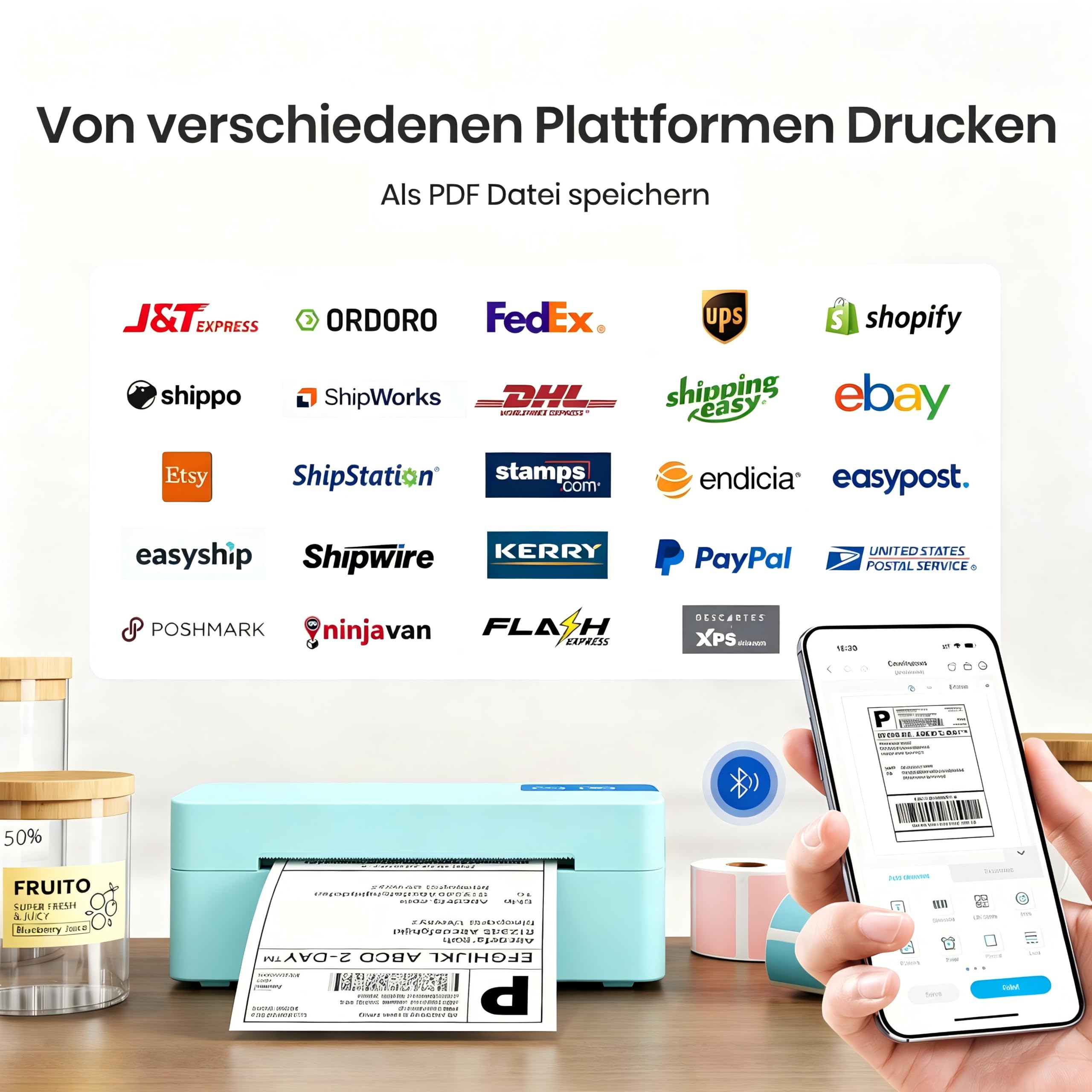 Bluetooth Etikettendrucker DHL, 4x6 Versandetiketten Drucker PL50E