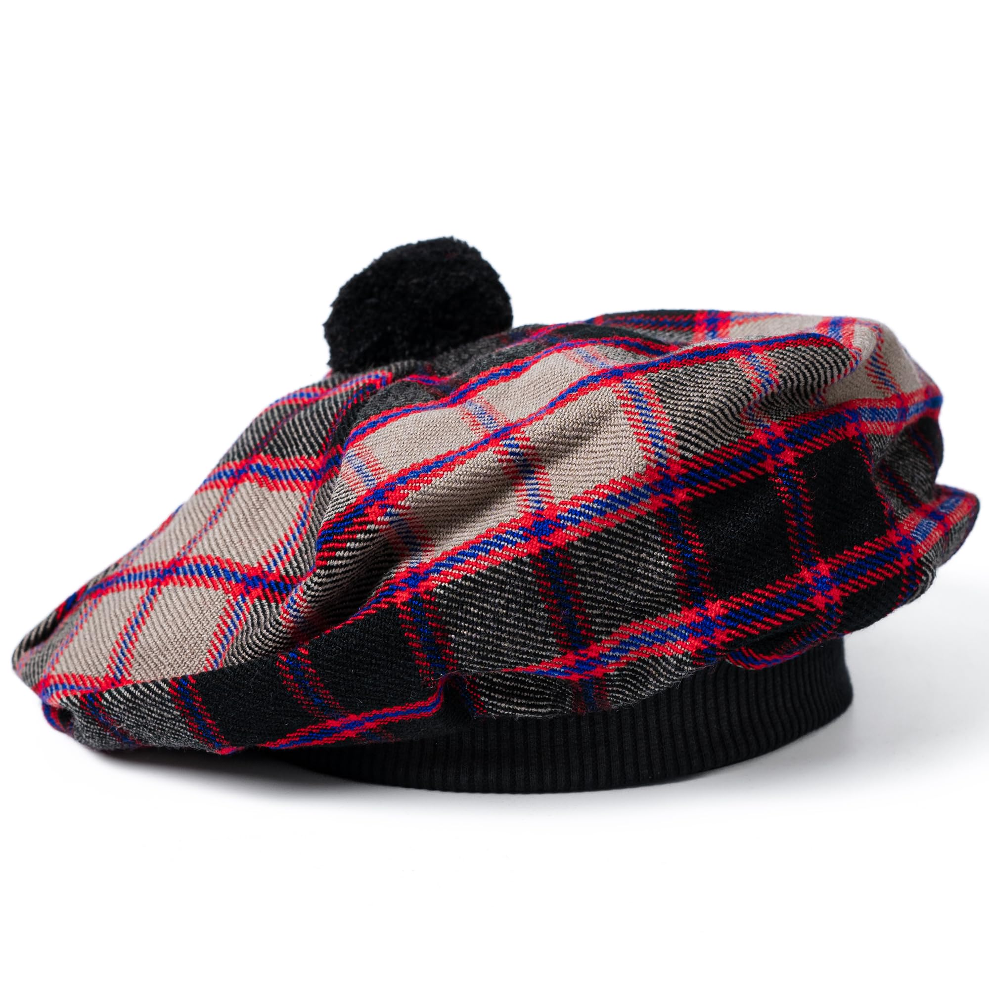 Scottish Tam O’ Shanter Hat Tartan Bonnet Pom Pom Wool Flat Cap One Size