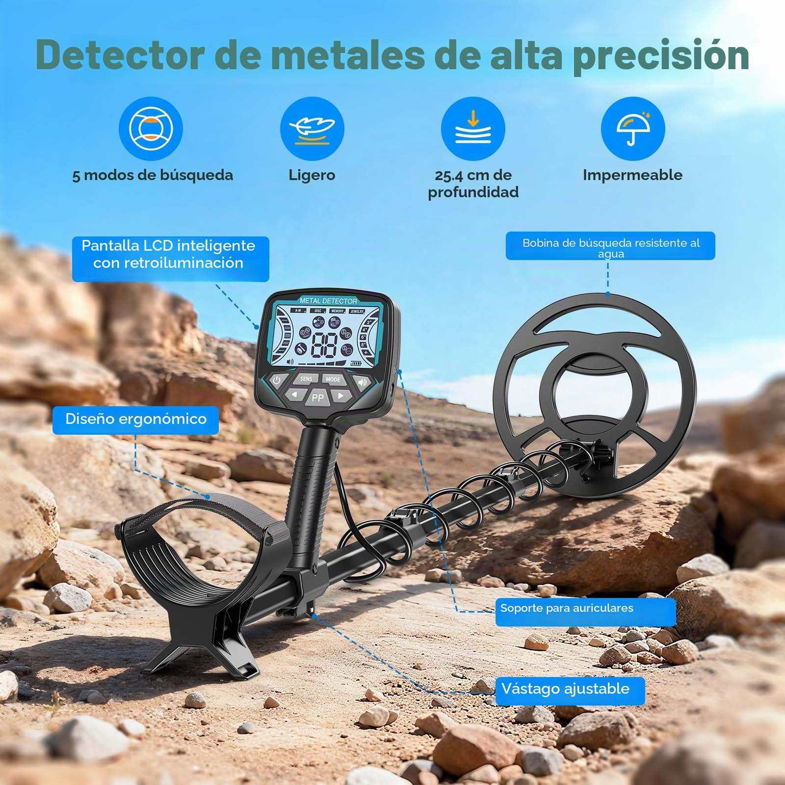 Detector de Metales para Adultos y Niños, Longitud, Sensibilidad y Audio Ajustables, Todos los Modos Metal/Disc/PP, Pantalla LCD, Kit de Detector de Oro Profesional para la Playa (GT965H)
