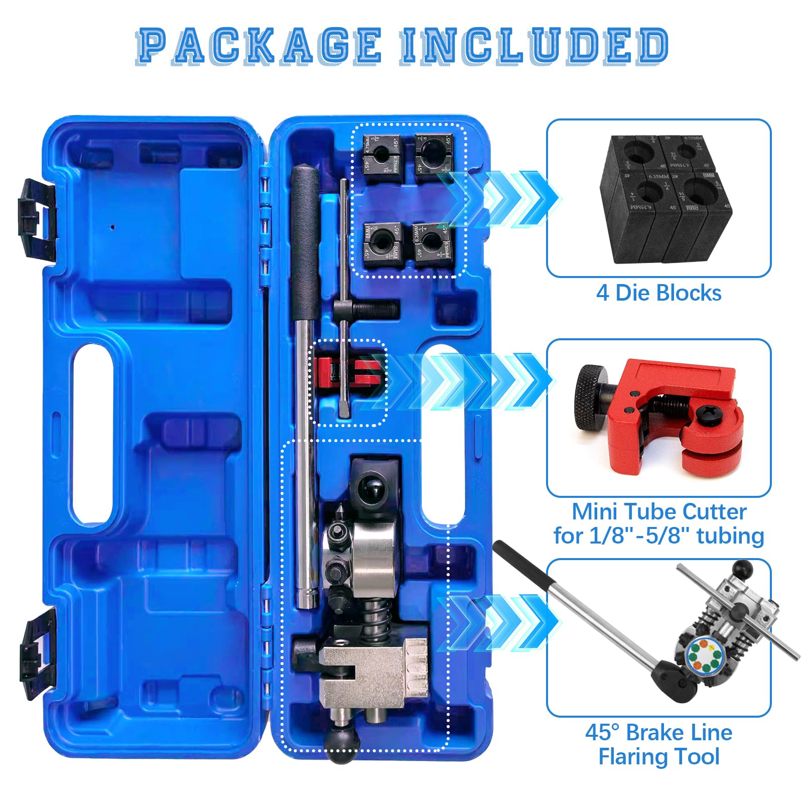 Herramienta de Abocardado para Tubos de Frenos, Abocardador Hidráulico de 45 Grados, Kit de Abocardado para Frenos, para Abocardado Simple, Burbuja y Doble (Ø 4,75mm/6,35mm/8mm/9,5mm), Cortador Tubos