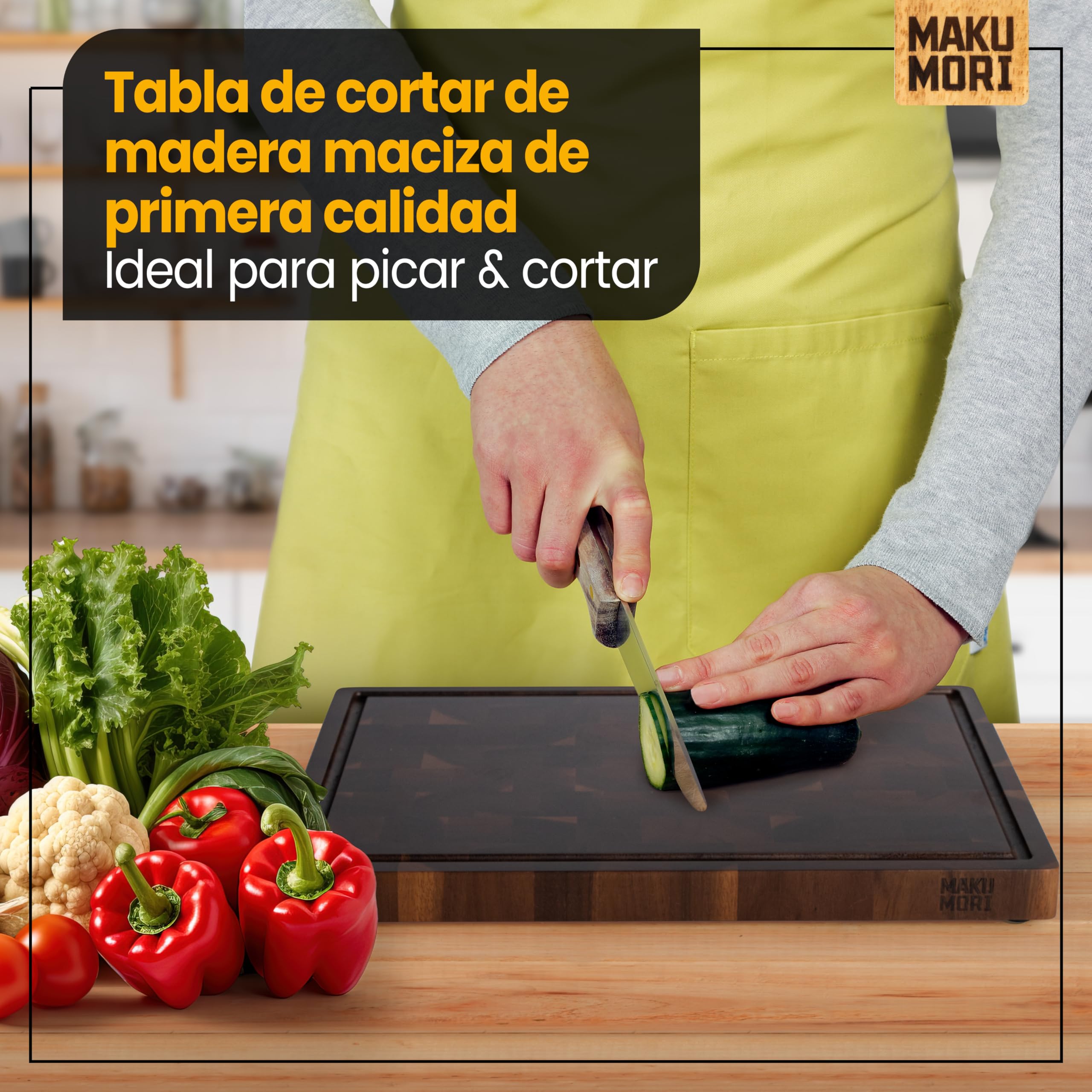 Premium Tabla de Cortar Madera de Testa 40x29x3cm Acacia Oscuro | Tabla de cocina de acacia carbonizada; FSC®; ranura para jugos; asas grandes; pies de goma antideslizantes