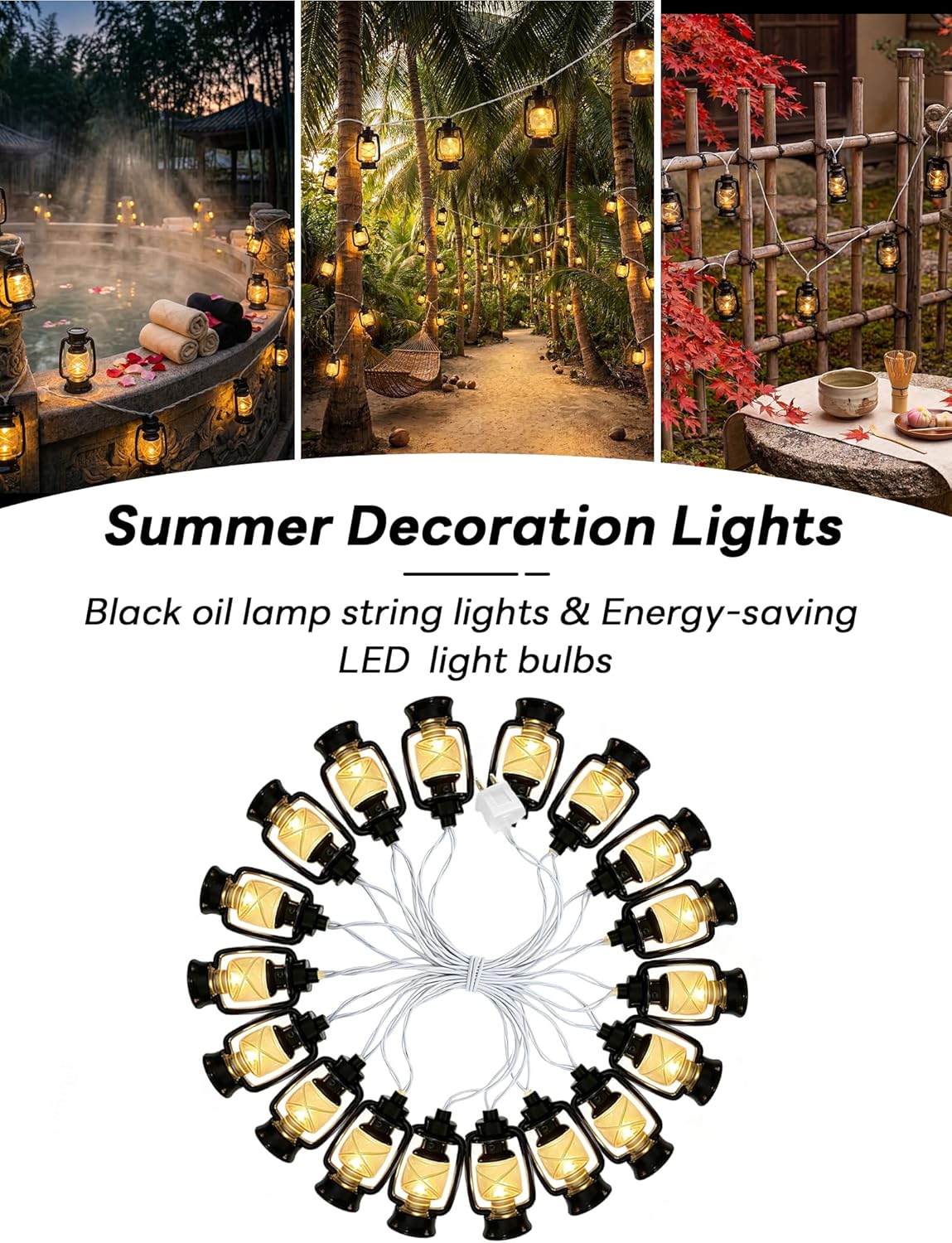 Vintage Kerosene Lantern String Lights, 12FT Retro Hurricane Lamp with 20 LED Black Kerosene Lights, Rustic Farmhouse Decorative Lighting for Camping, Patio, Fireplace, Wedding, Christmas Decor