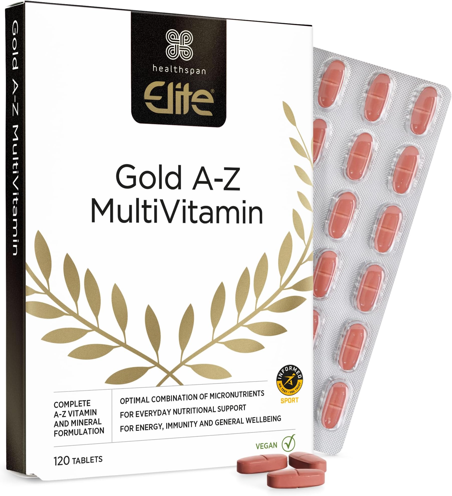 Gold A-Z Multivitamin (4 Monthsโ Supply) | 27 Essential nutrients with Vitamin B Complex with Iron, Selenium & Zinc | All Blacks Official Partner | Informed Sport Accredited | Vegan