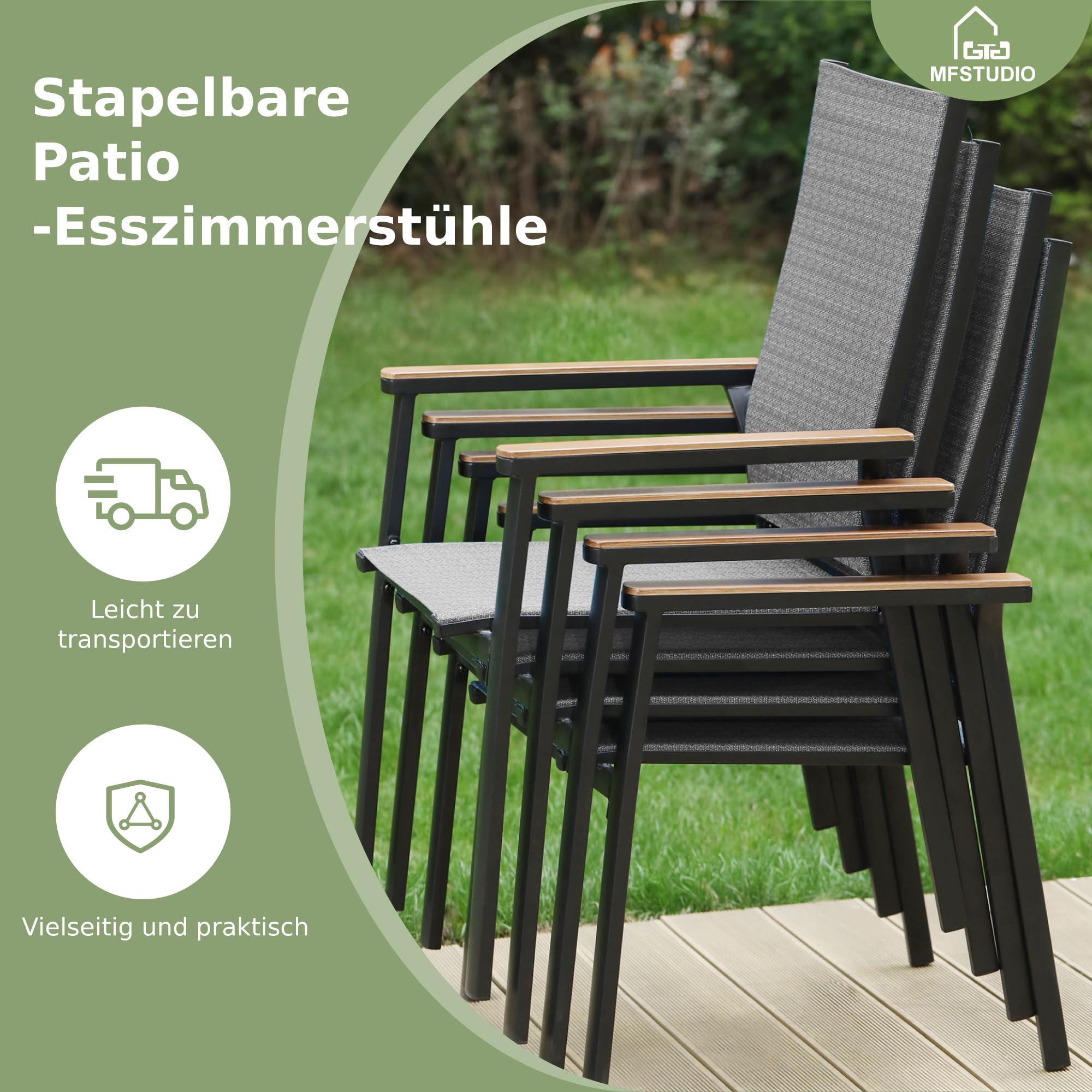 MFSTUDIO Gartenmöbel Set, Terassenmöbel Außen | Bestehend aus Tisch und 4 Stühlen, Rostfreies Metall, Stapelbare Stühle, 152 x 96 x 71 cm, Sonnenschirmöffnung 4–5 cm