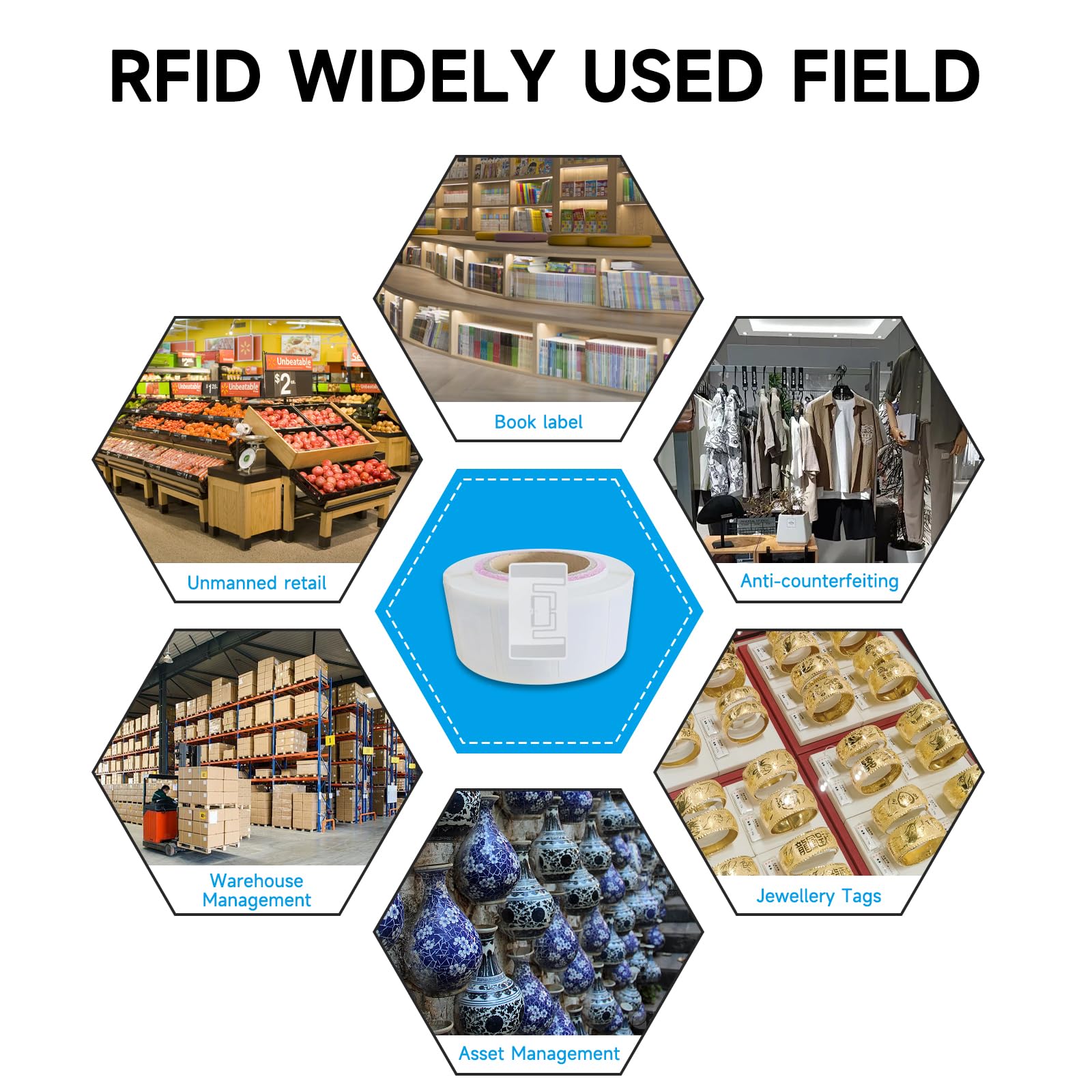 YANZEO 100 etiquetas RFID UHF 54x34mm Etiqueta RFID 860-960MHZ Etiqueta RFID autoadhesiva para supermercado Biblioteca Documentos Gestión de almacén