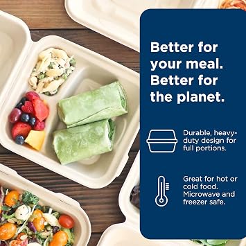 World Centric Compostable Clamshell Containers 9x9x3'', 3-Compartment - Grease and Moisture Resistant - 100 Pack