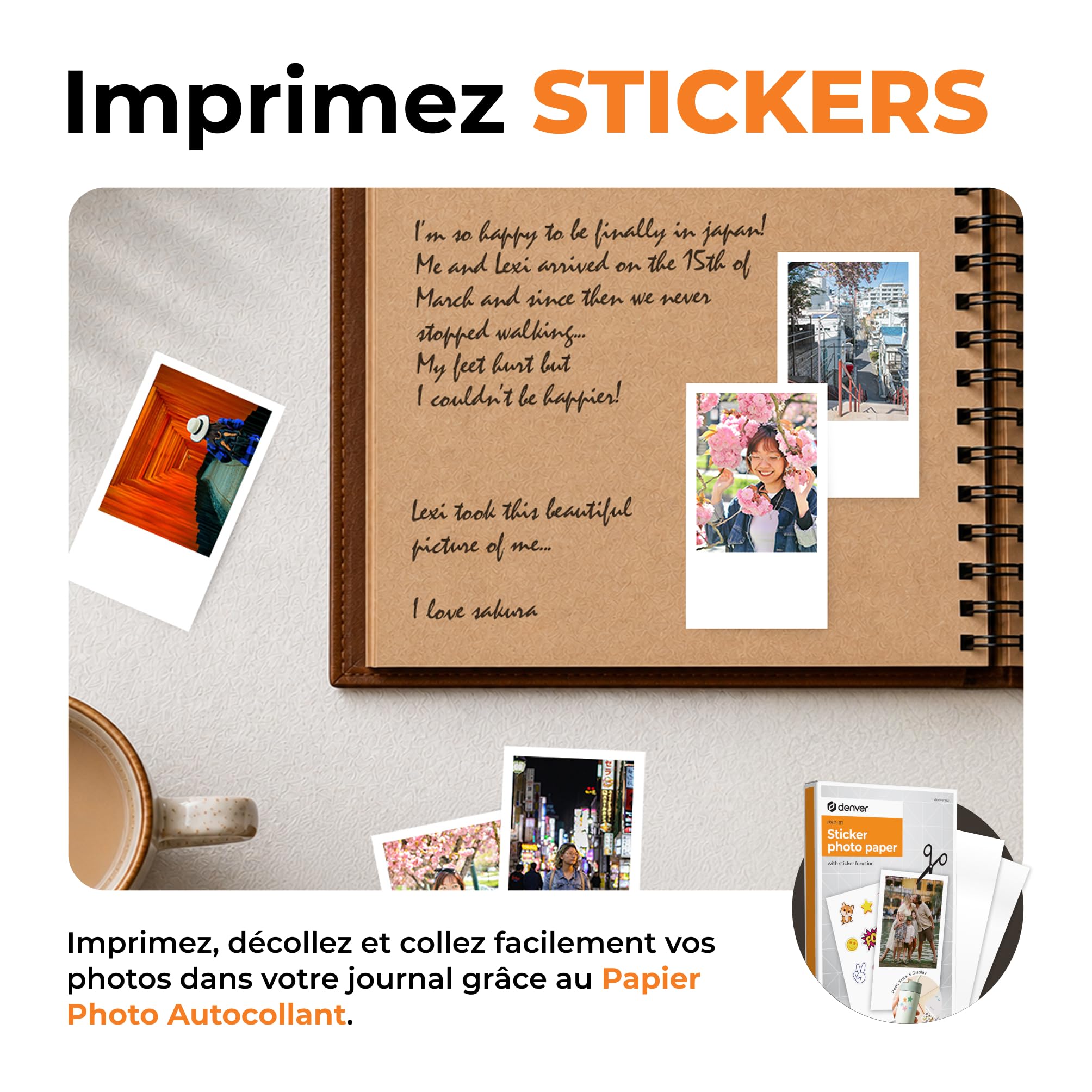 Denver MCP-6010 Mini imprimante photo pour smartphone, imprimante couleur mobile avec Bluetooth 5.2, 600 DPI, iOS et Android, imprimante photo portable avec batterie, incl. cartouche et lot de 20