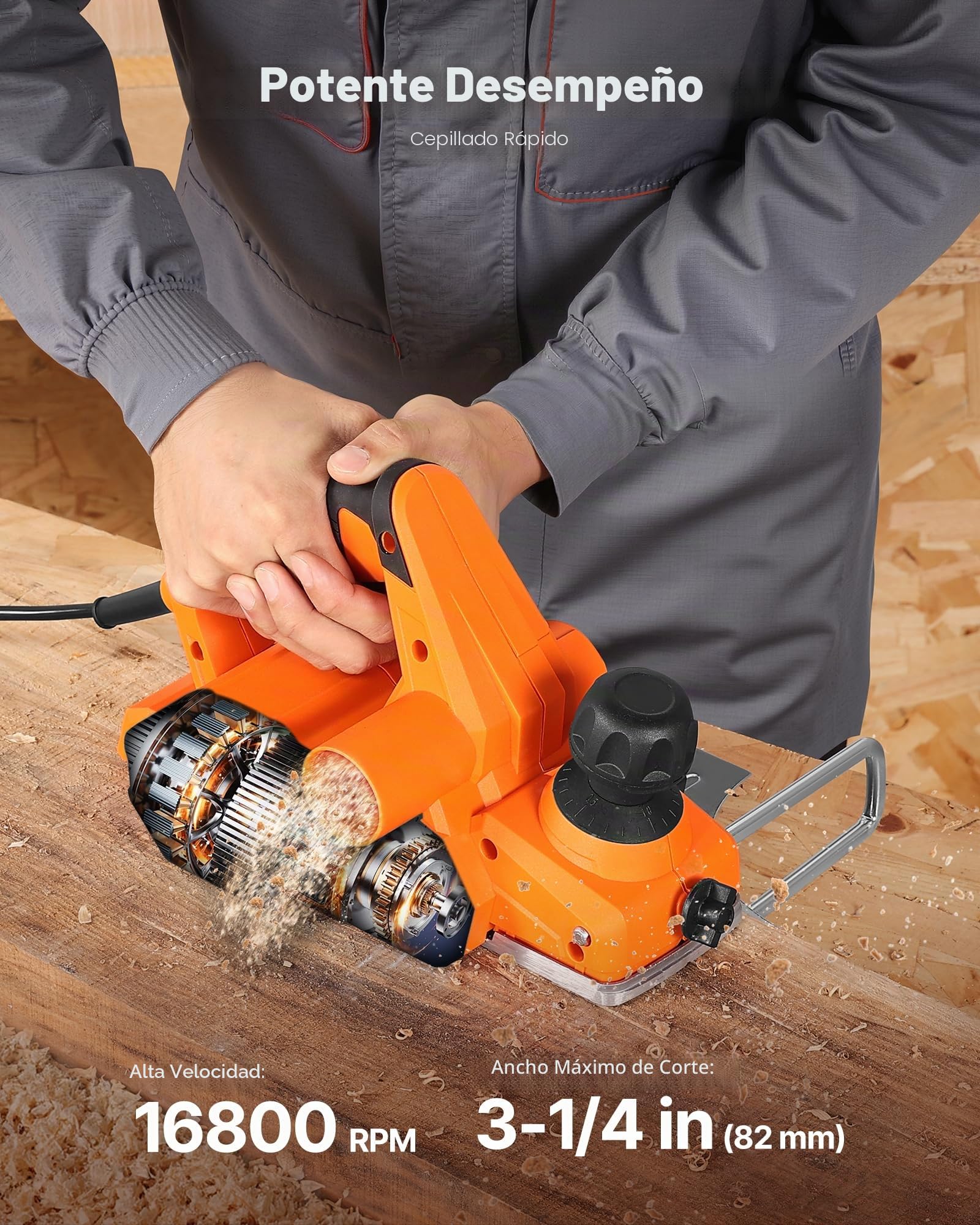 VEVOR Cepilladora Eléctrica con Cable Ancho de Corte de 82 mm, 650 W, 16800 RPM, Cepilladora de Madera, Profundidad de Corte Ajustable, Ideal para Carpintería, Biselado, Bricolaje, Acabado Liso