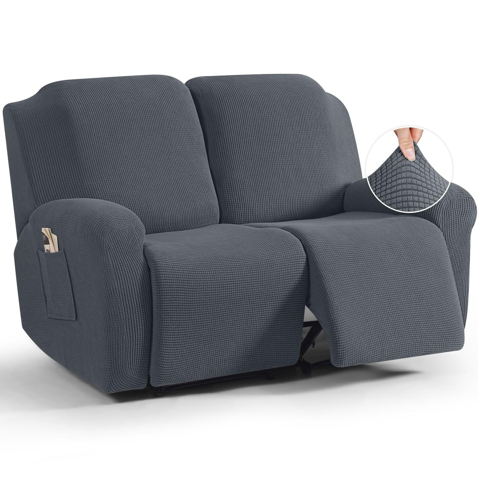 TAOCOCO Recliner Loveseat Slipcover, 6 Pieces Dual Recliner Sofa Covers for 2 Seat Dual Reclining Loveseat Couch, Stretch Soft Jacquard Pattern Furniture Protector with Elasticity (Grey)