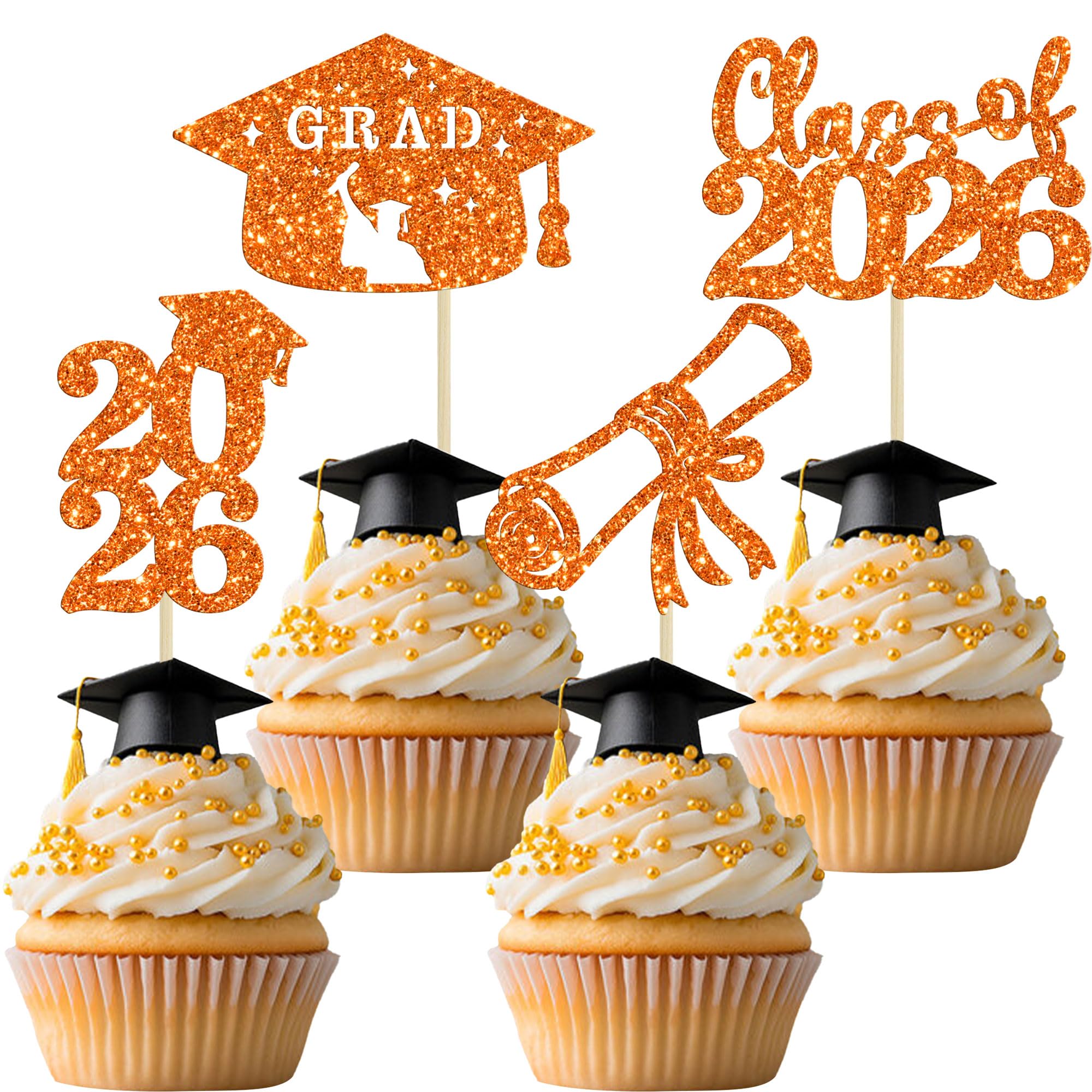 Ephlyn 24Pcs Graduation Cap Cupcake Toppers Glitter Diploma Grad Cap Class of 2026 Cupcake Picks Graduation Decorations for 2026 Grad Theme Party Cake Decorations Supplies Orange 2