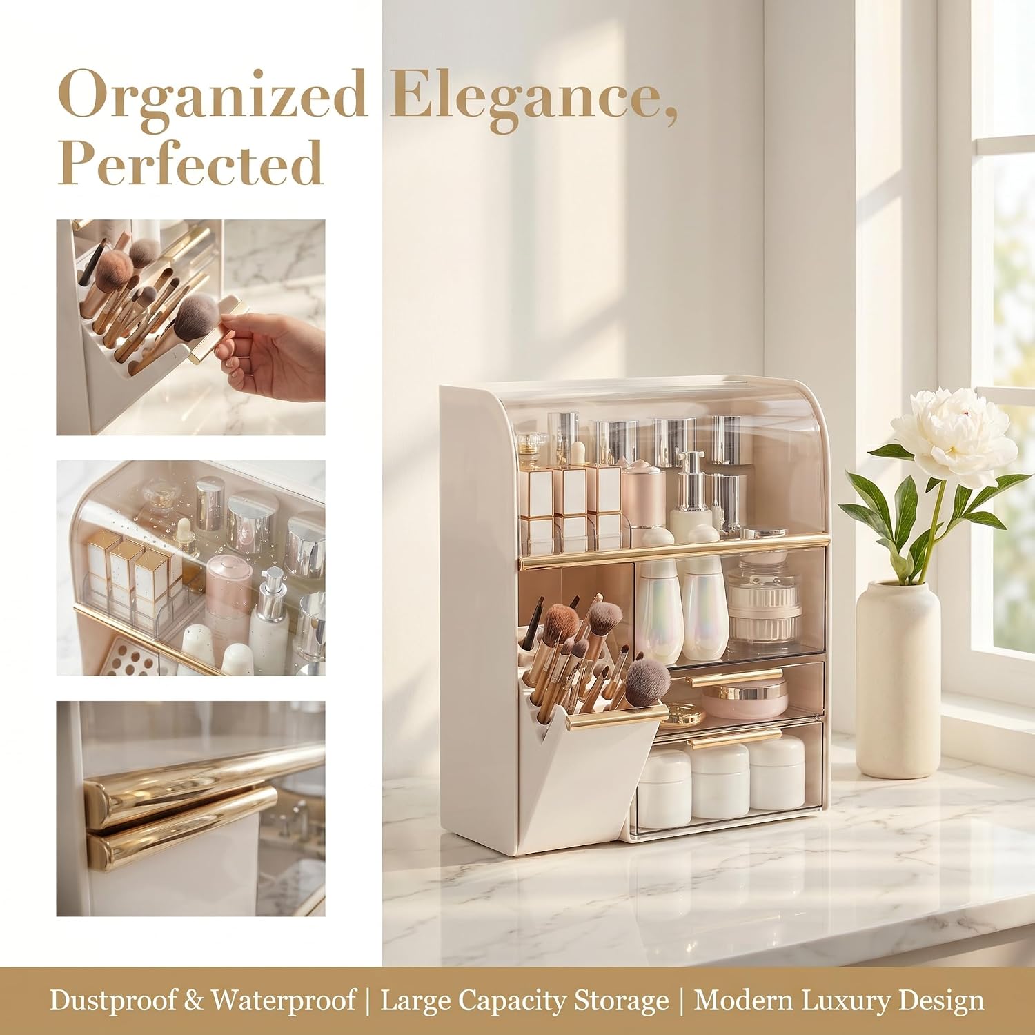 Large Cosmetic Display Case with Brush Holder,Holds 40+ Skincare & Beauty Essentials,6 Compartments & 2Drawers,Acrylic Makeup Dustproof Transparent Design