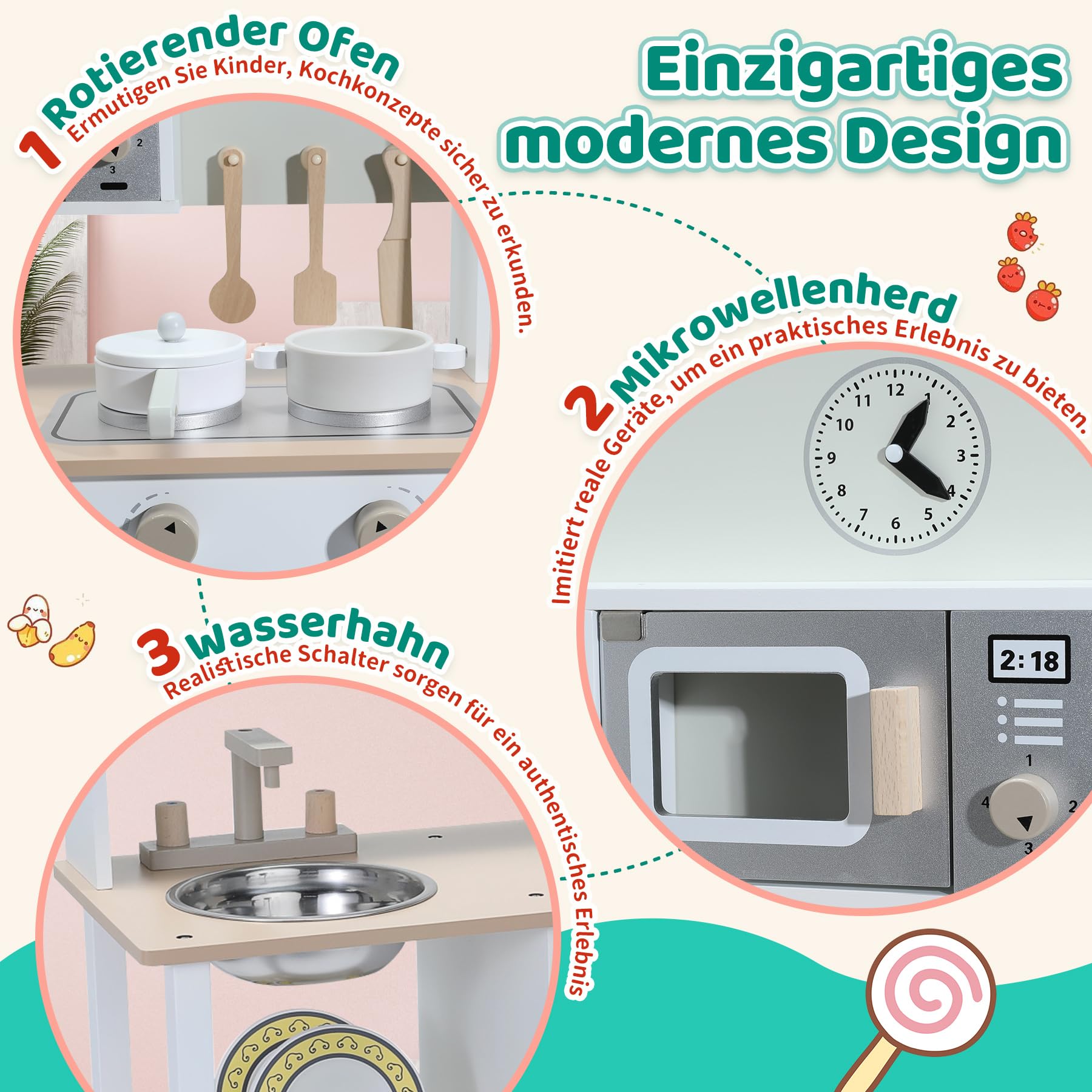 Kinderküche aus Holz mit Zubehör, Spielküche für Kinderzimmer, inkl. Herd, Ofen, Mikrowelle, Kühlschrank, Wasserhahn und Kochgeschirr – Kinderküche Holz Spielset für Rollenspiele, Mittelgrau