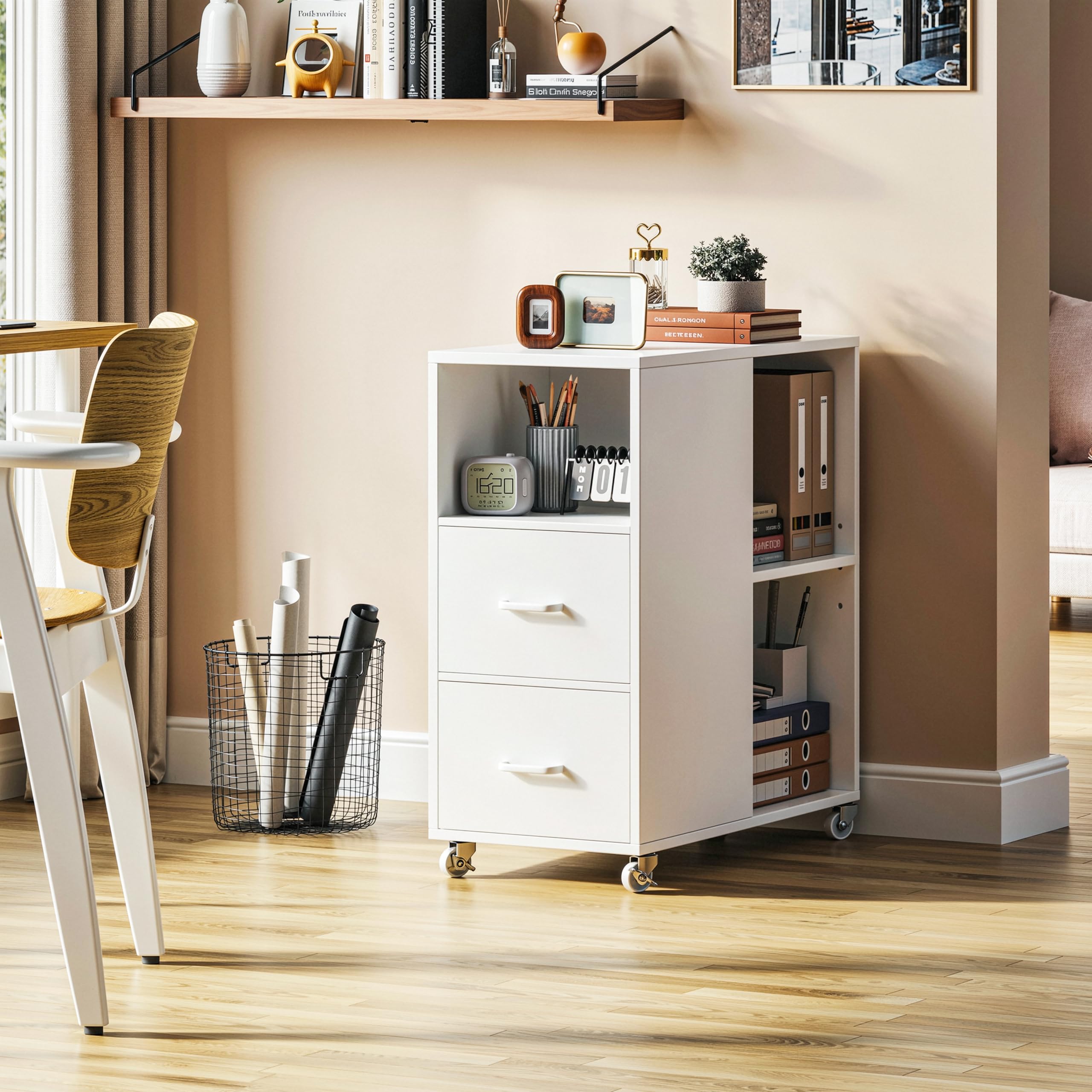 HOCSOK Mesa Auxiliar para Salón Dormitorio y Oficina Mesa Lateral para Sofá y Cama con Ruedas Archivador Móvil con 2 Cajones y 3 Estantes de Madera 60 x 30 x 65 cm (White)