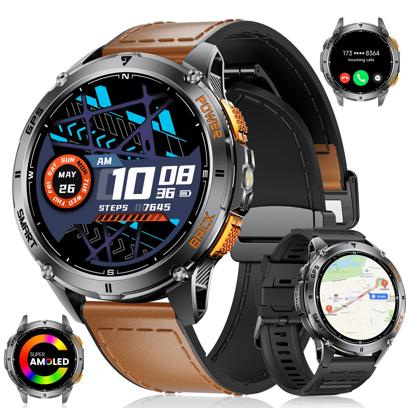 LIGE Smartwatch Uomo con GPS, 110+ Modalità Sport, Monitoraggio Salute (Pressione/Ossigeno/Sonno), IP68/530mAh Batteria/LED Torcia/Bussola/Altimetro - Orologio Intelligente per Escursionismo e Fitness