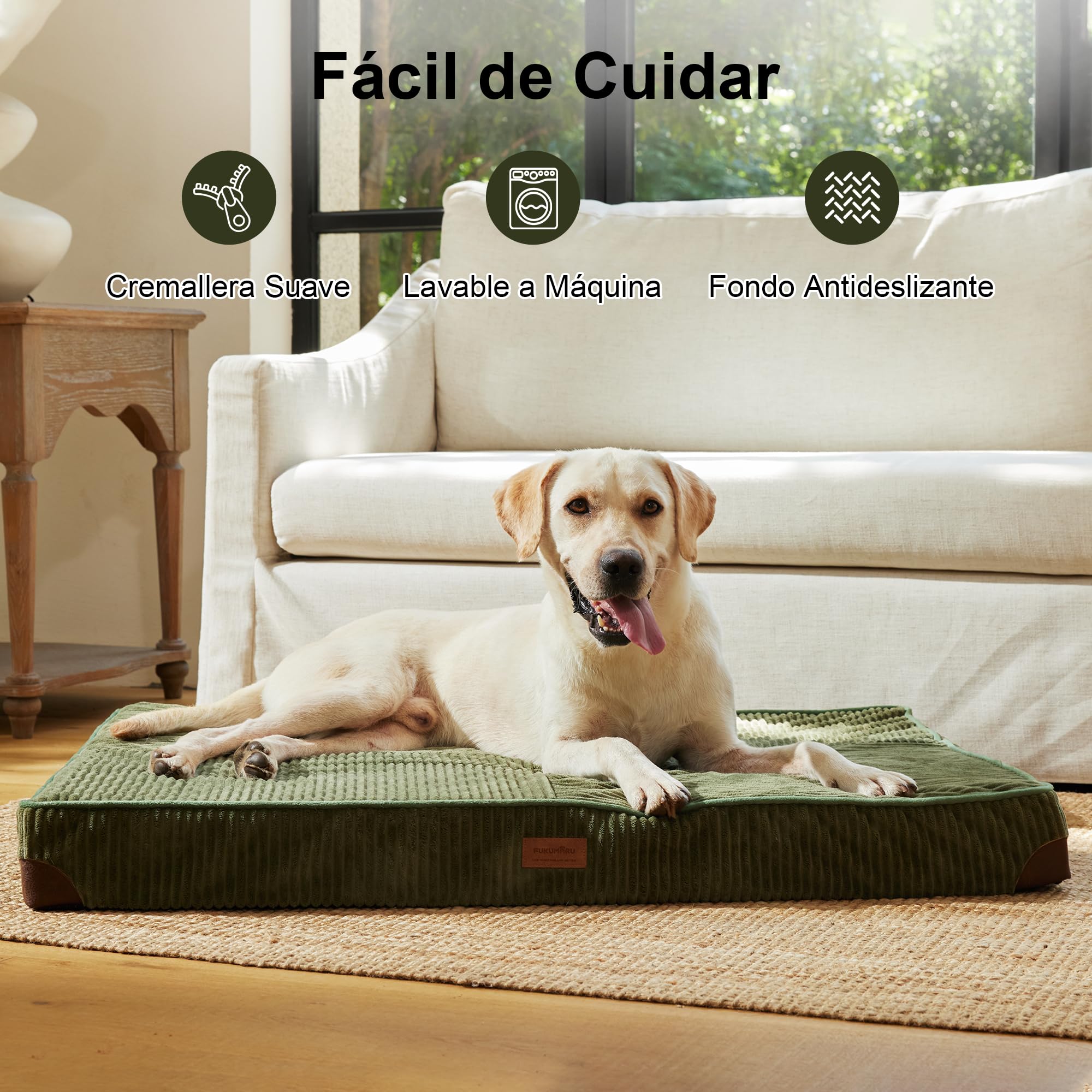 FUKUMARU Cama para Perros Grande Ortopédica, 91x56x9cm, Colchón Lavable para Perro, Sofá Perro Desmontable, Fondo Antideslizante, Tejido Impermeable, Verde
