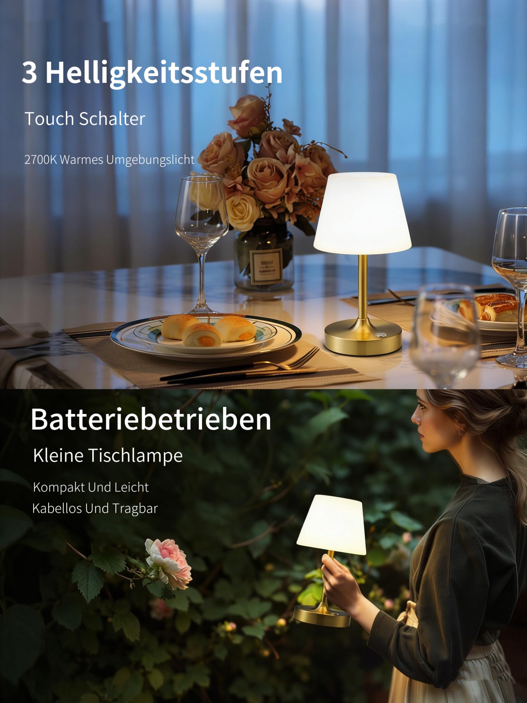 Lámpara de mesa LED inalámbrica, lámpara de ducha impermeable con batería de 4000 mAh, portátil, recargable, luz nocturna con regulador táctil para terraza, restaurante y baño (dorado)