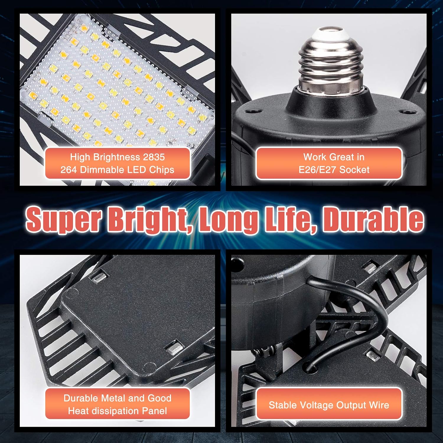 Dimmable LED Garage Light 120W, 12000LM Deformable Garage Light with Color Change and Timing, Garage Lights Ceiling LED with Remote Control&APP, 4 Leaf Bright Garage Light E26 for Warehouse, Basement