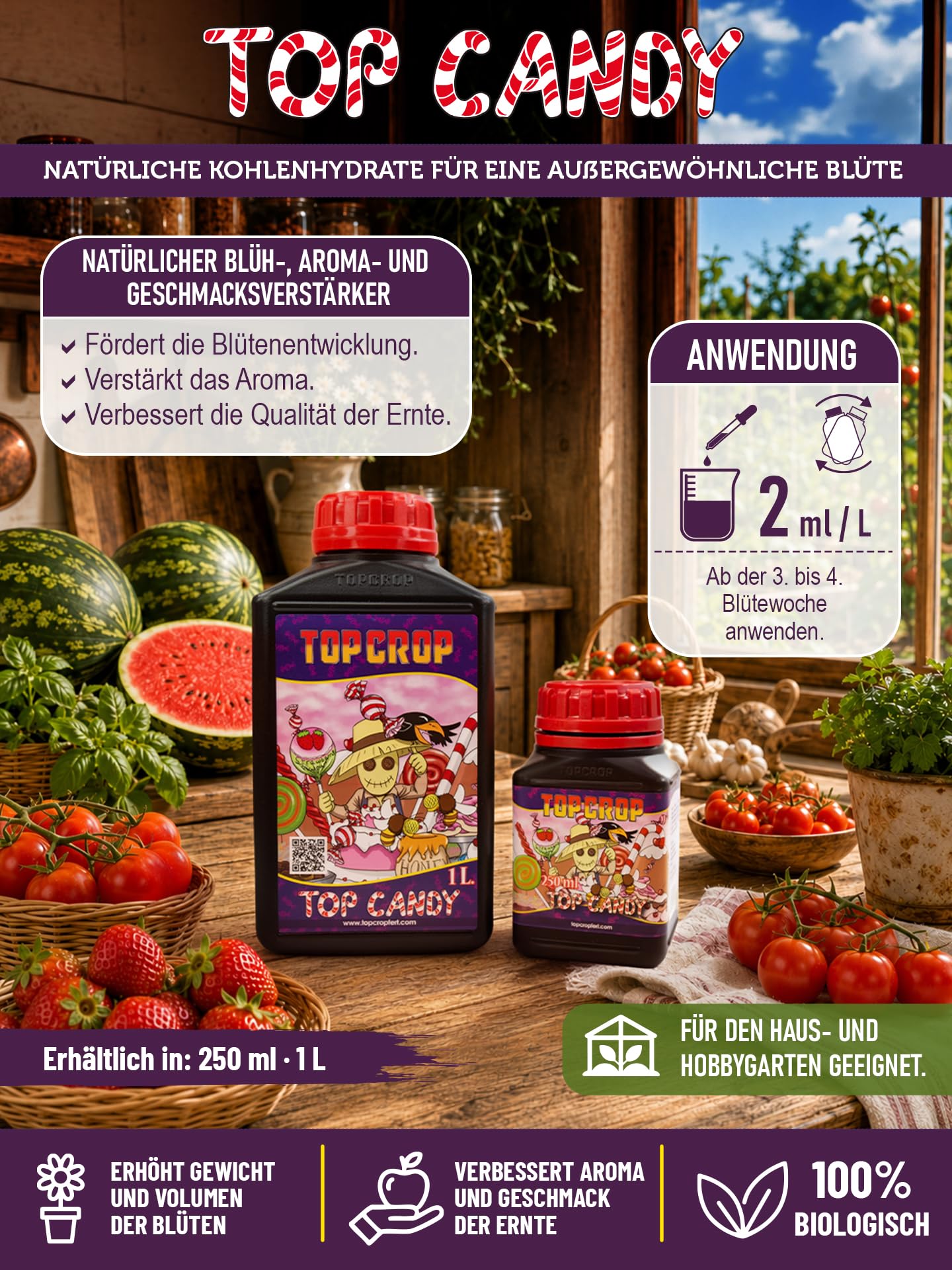 Top Candy 10 L – Fertilizante Orgánico Líquido para Floración, Mejora Aroma, Sabor y Desarrollo de Flores (10 Litros)