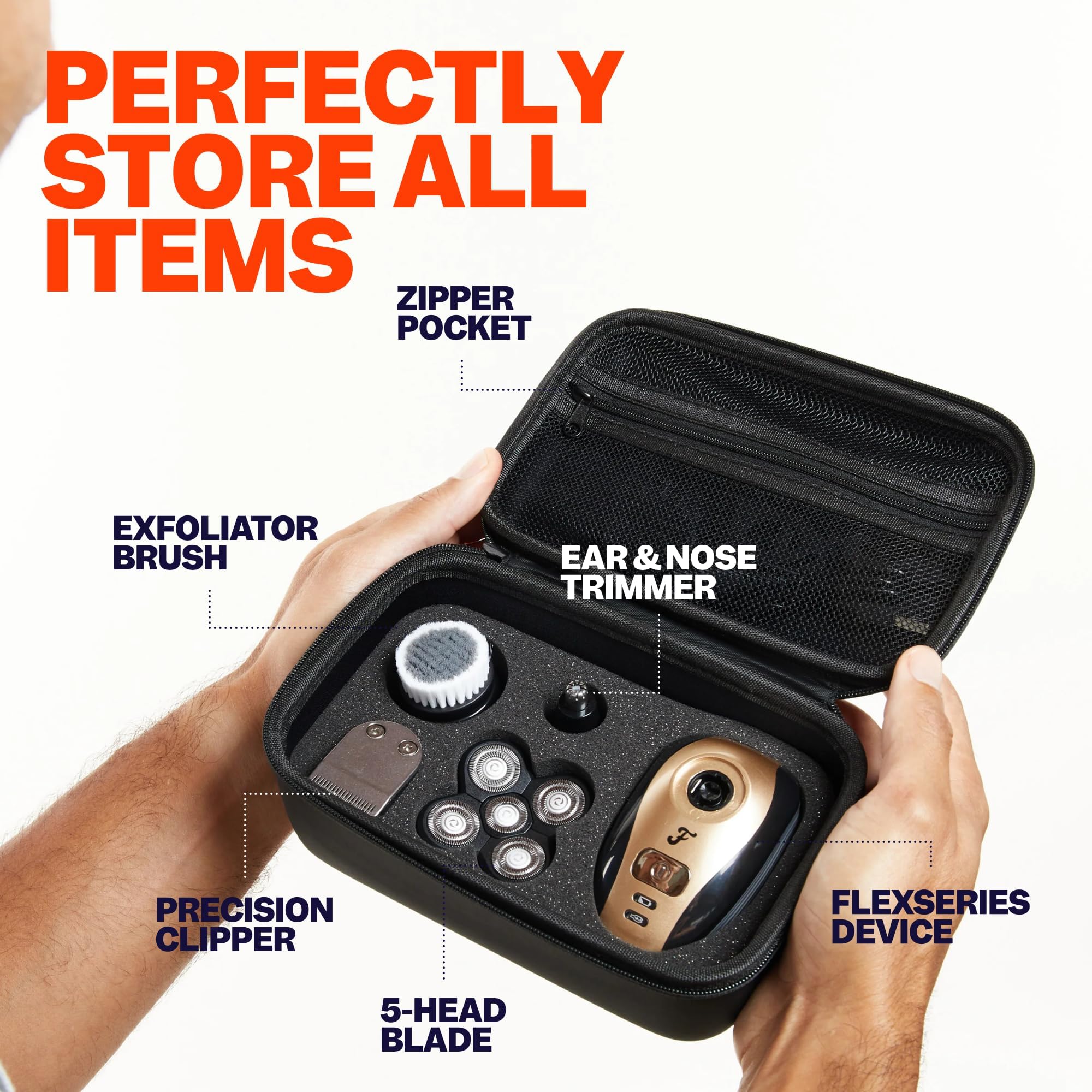 Freebird FlexSeries Ultimate - Kit de afeitado y estuche de viaje, afeitadora eléctrica de cabeza y cuerpo con cuchillas ScalpSafe, accesorios de aseo 5 en 1 y almacenamiento portátil protector