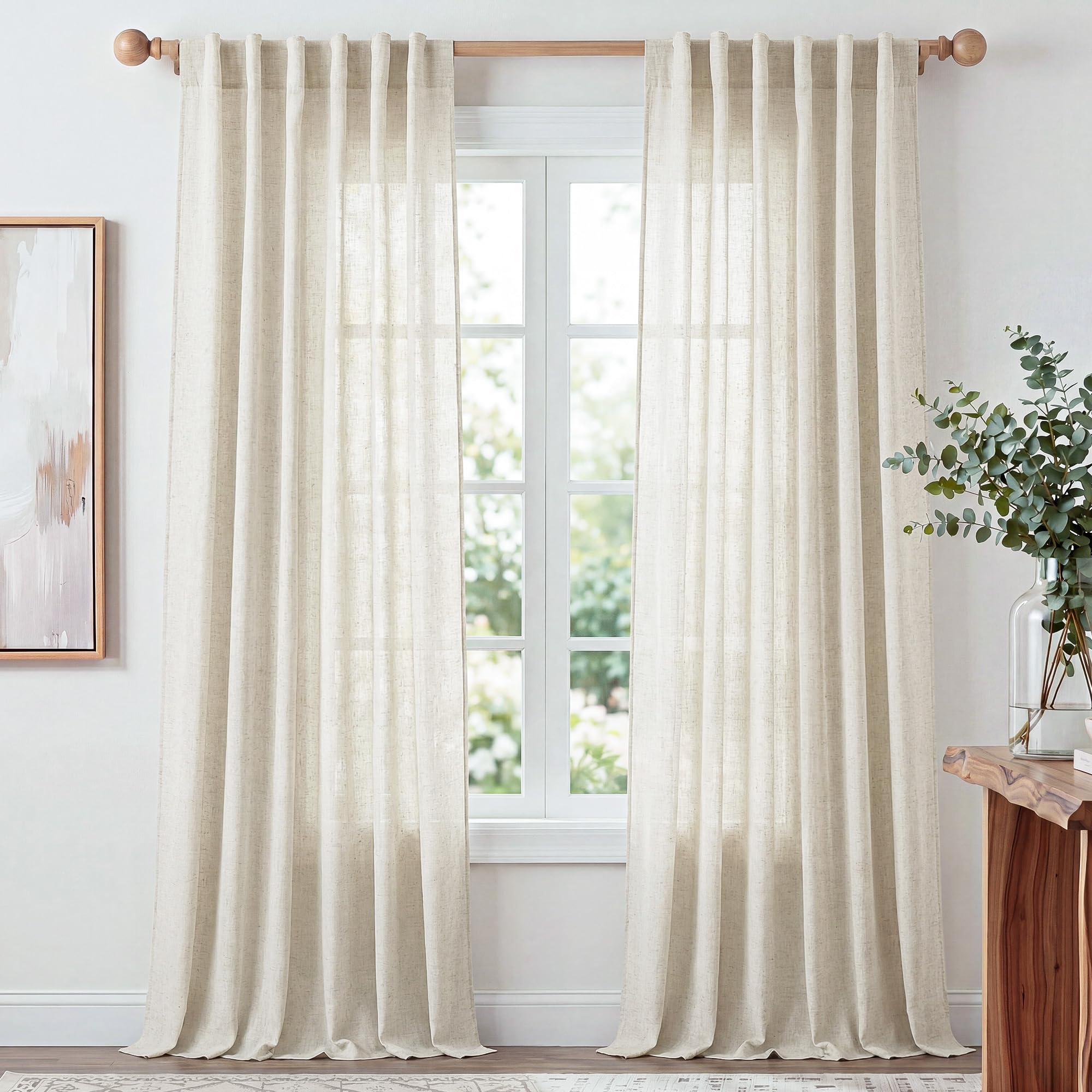 PONY DANCE Rideau Voilage Epais - Rideaux pour Fenêtre Salon Lin Naturel, Passe Tringle Protecter la Confidentialité, Decoration Chambre, 2 Pcs, L140 x H300 cm, Beige Clair | Tissu semi-transparent 150 g/m² pour chambre à coucher, intimité décorative, ave
