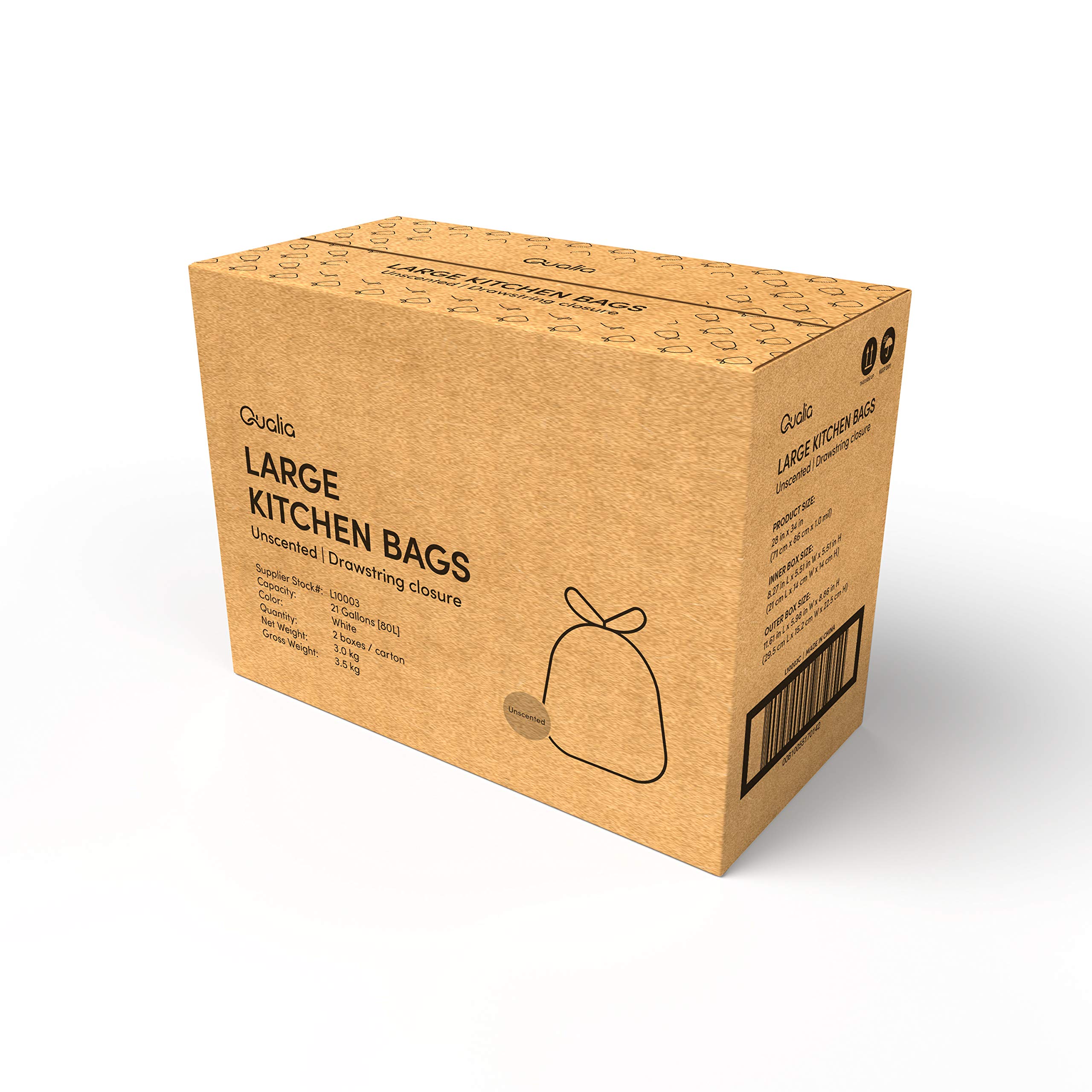 Qualia - Bolsa de basura sin aroma de 80 litros con cierre de cordón, resistente (sin aroma, 90 bolsas)