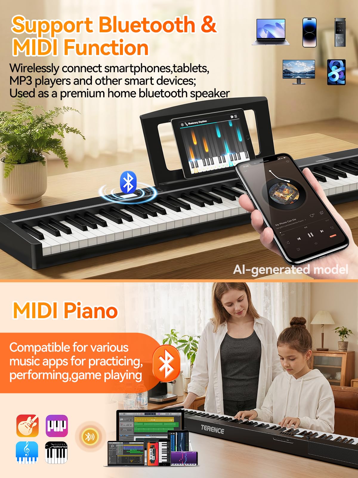 TERENCE V30 Portable Digital Piano 88 Key Weighted Keyboard Built