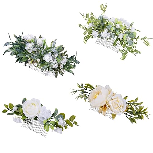 Wedding Flower Hair Comb - 4 Pieces Handcrafted Bridal Floral Combs Woodland flower Combs for hair for Women Girls Birthday Bridal Shower Bride